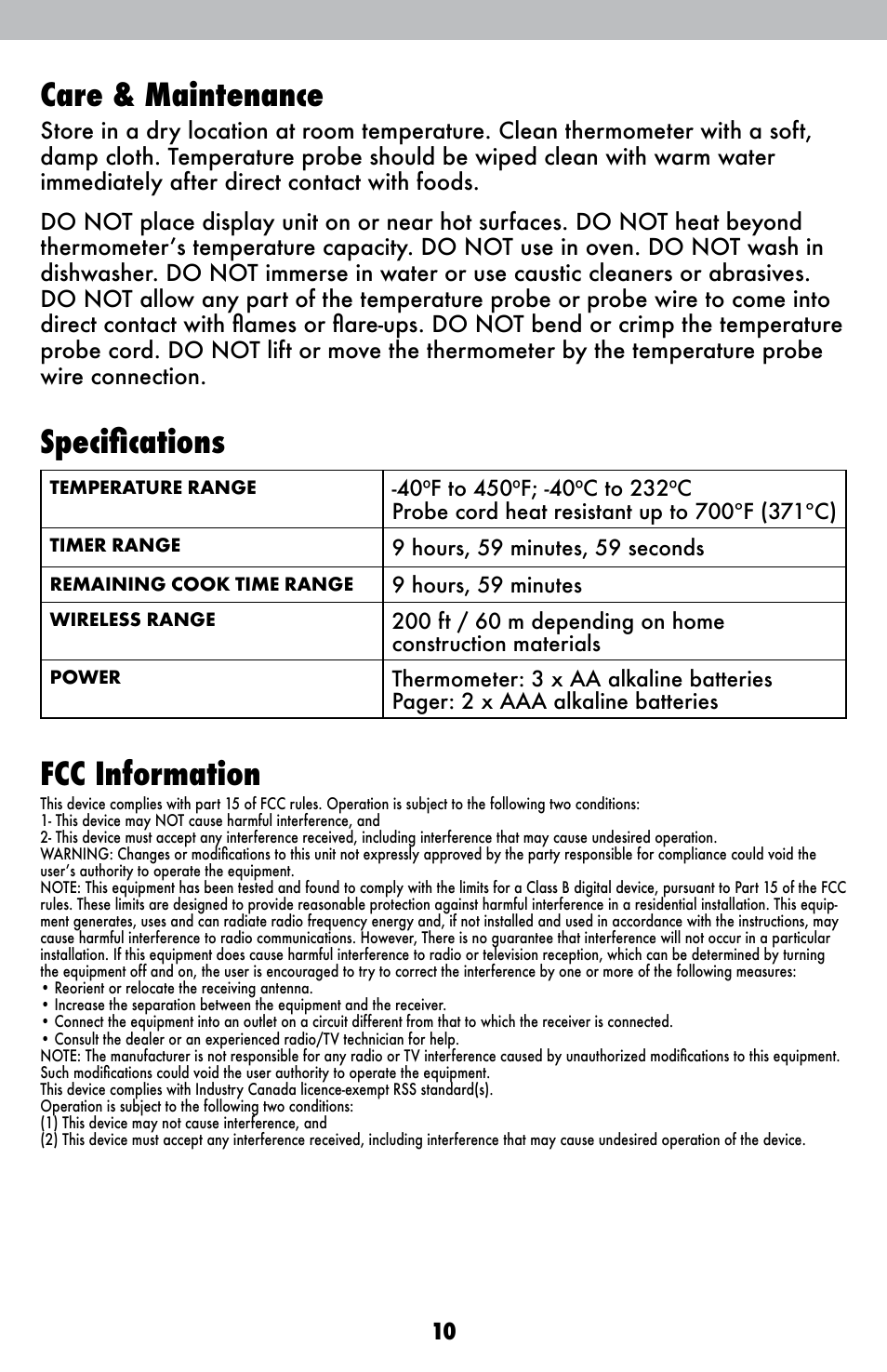 Care & maintenance, Specifications, Fcc information | AcuRite 00282 Thermometer User Manual | Page 10 / 12