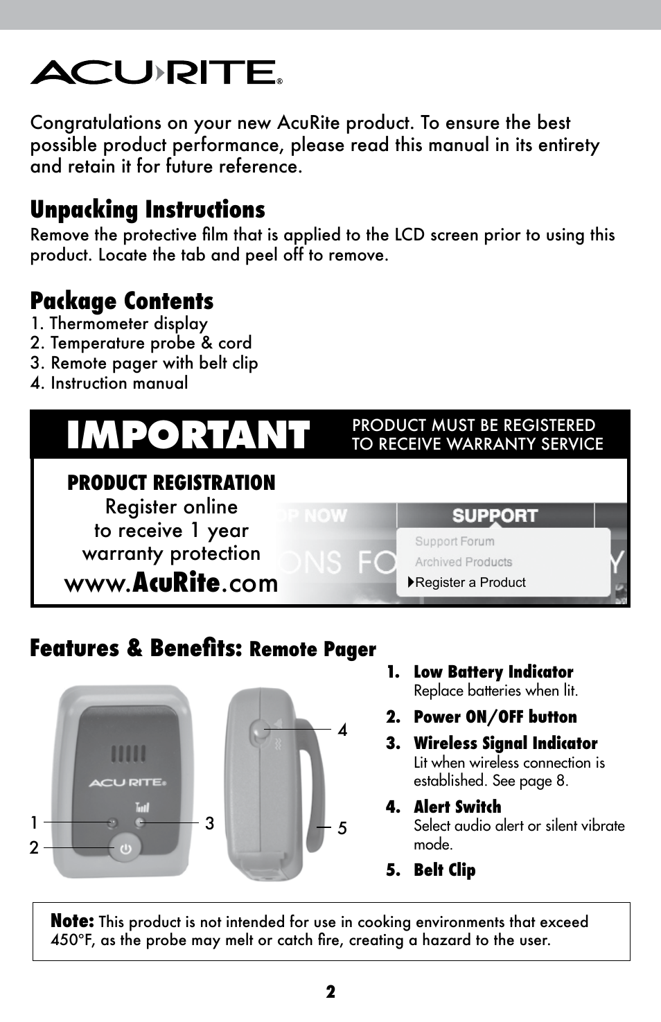 Important, Unpacking instructions, Package contents | Features & benefits | AcuRite 00282 Thermometer User Manual | Page 2 / 12