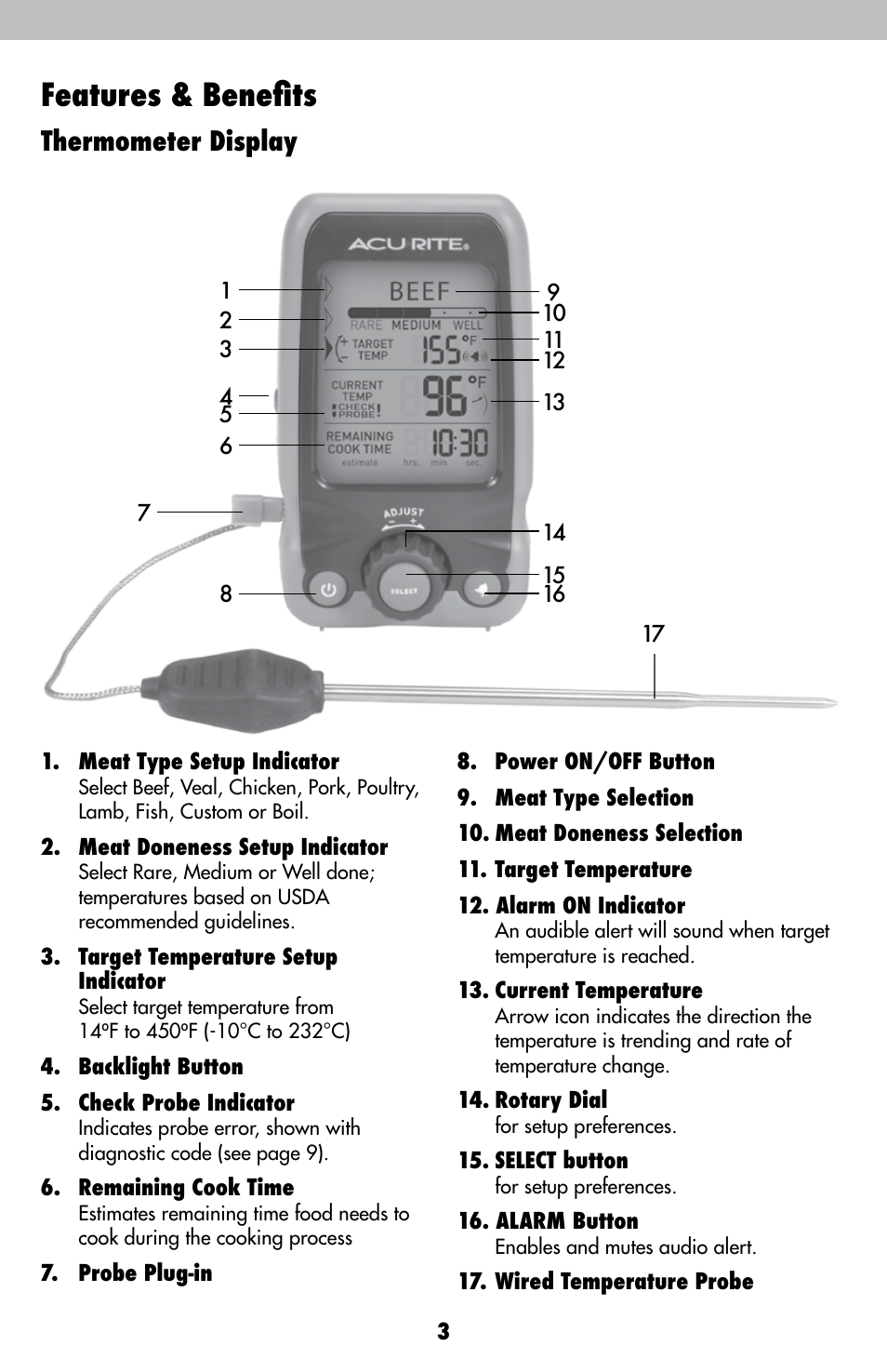 Features & benefits, Thermometer display | AcuRite 00282 Thermometer User Manual | Page 3 / 12