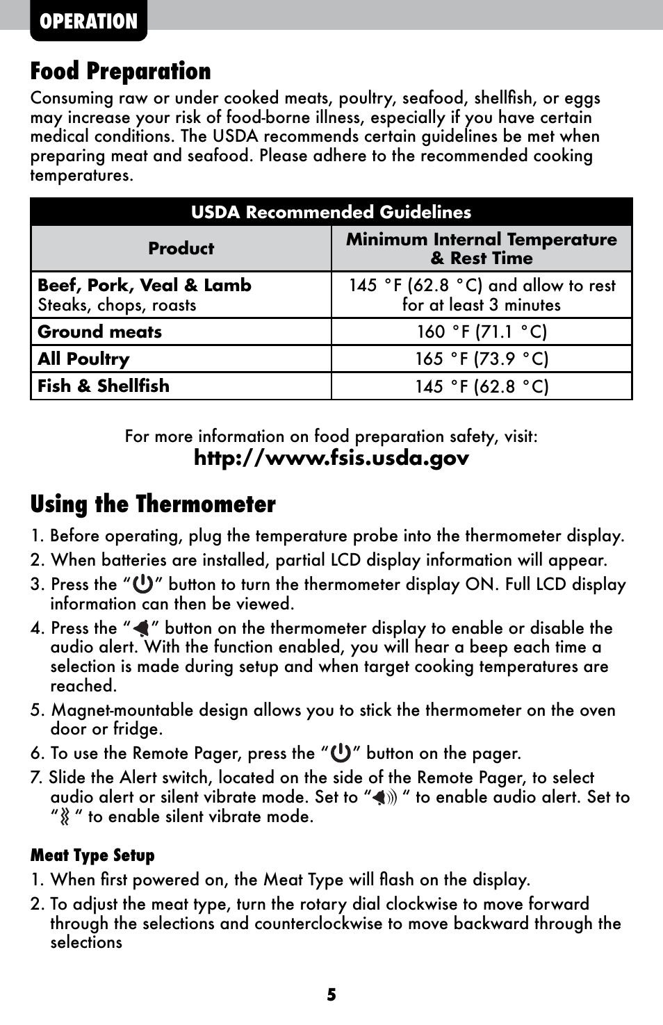 Food preparation, Using the thermometer | AcuRite 00282 Thermometer User Manual | Page 5 / 12