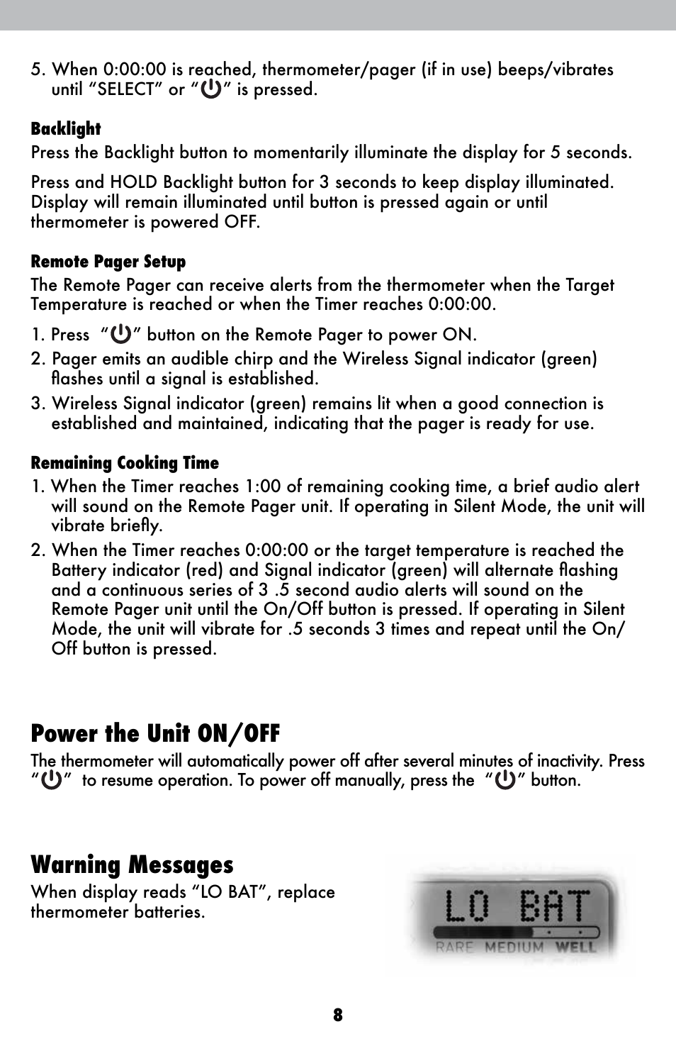 Power the unit on/off, Warning messages | AcuRite 00282 Thermometer User Manual | Page 8 / 12