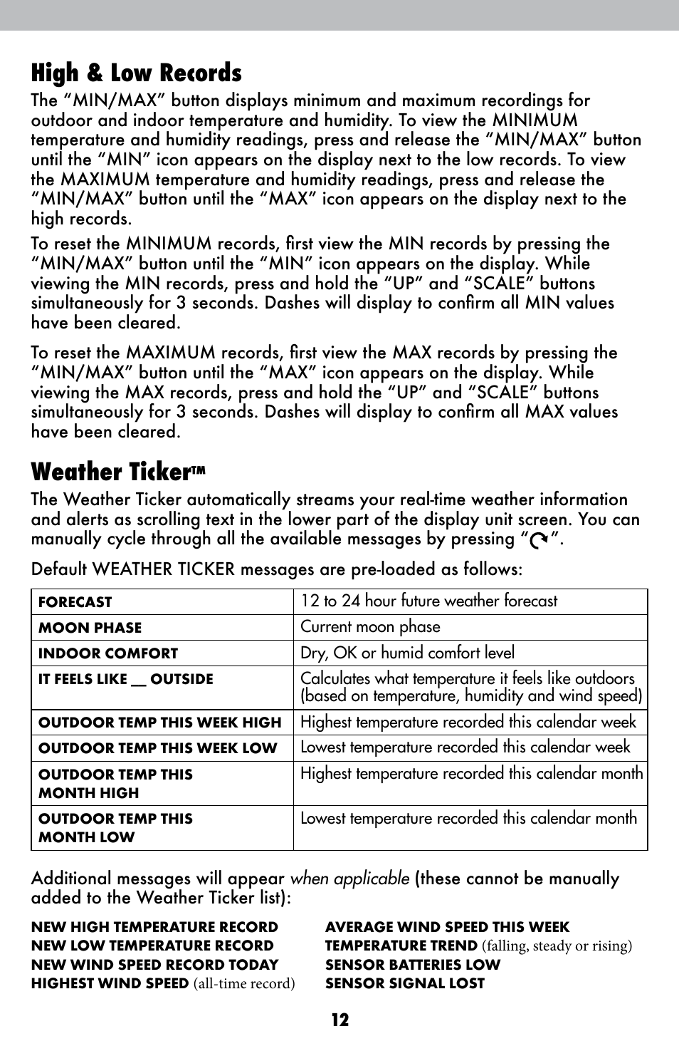 High & low records, Weather ticker | AcuRite 00615 Weather Station User Manual | Page 12 / 18