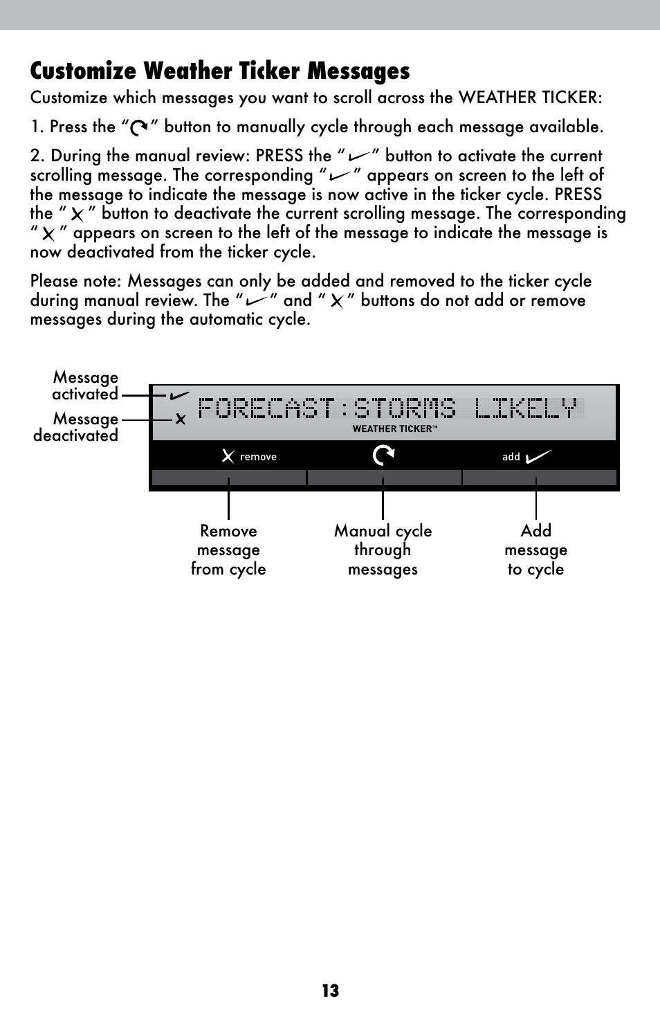 Customize weather ticker messages | AcuRite 00615 Weather Station User Manual | Page 13 / 18