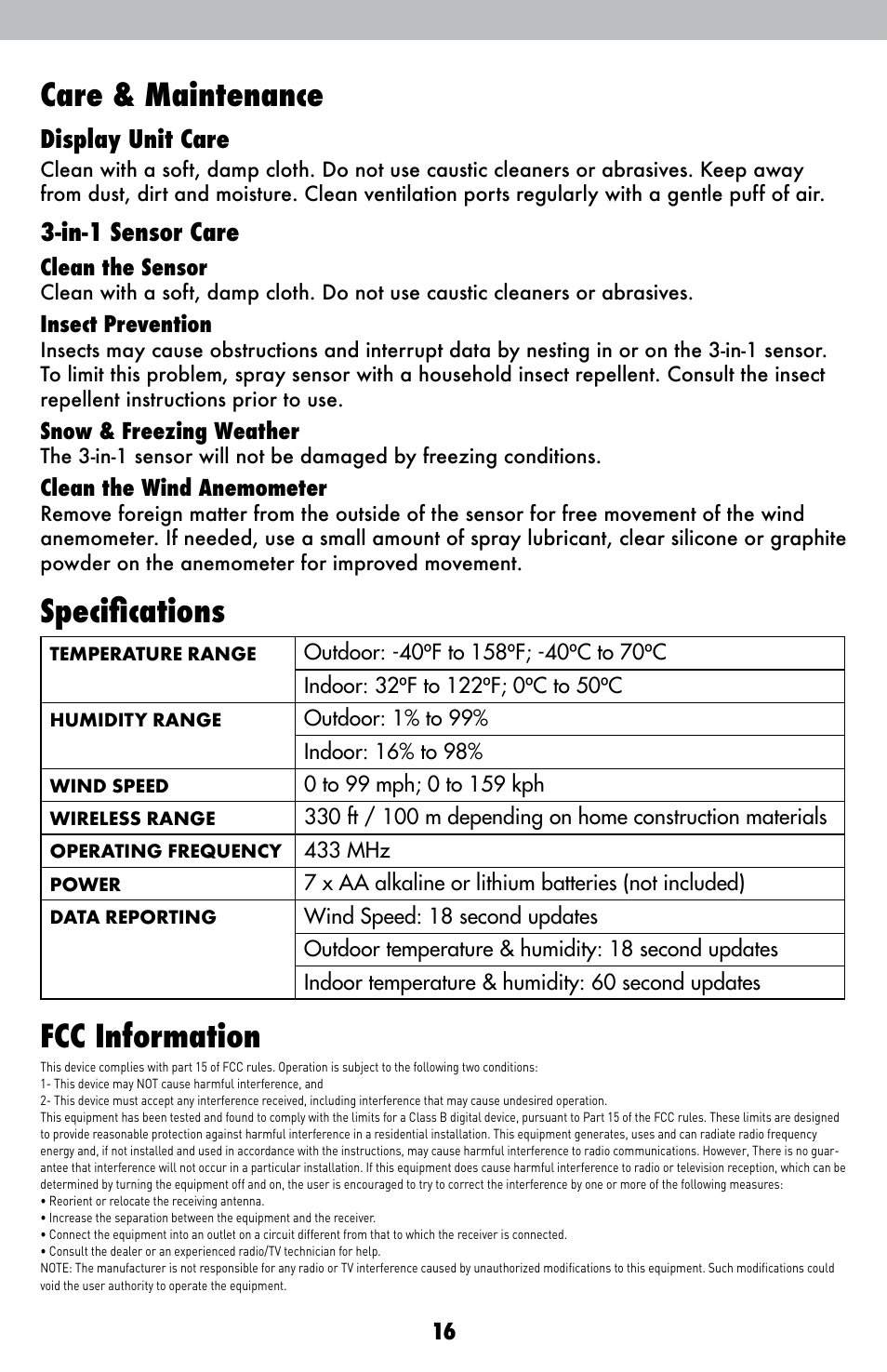 Fcc information, Specifications care & maintenance | AcuRite 00615 Weather Station User Manual | Page 16 / 18