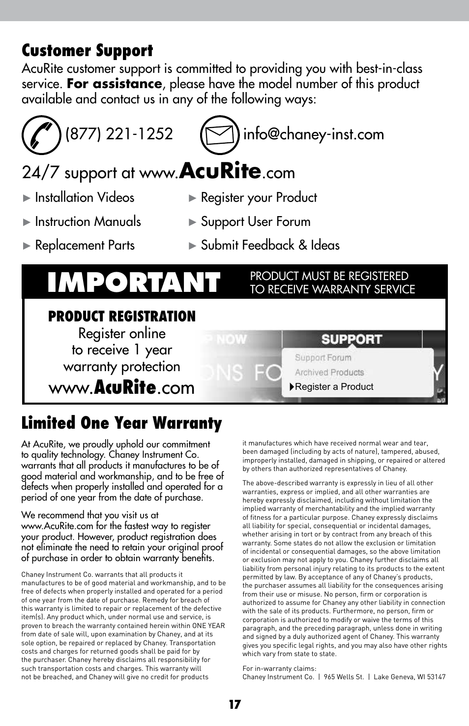 Important, Acurite, Limited one year warranty | Customer support, Installation videos, Register your product, Instruction manuals, Support user forum, Replacement parts, Submit feedback & ideas | AcuRite 00615 Weather Station User Manual | Page 17 / 18