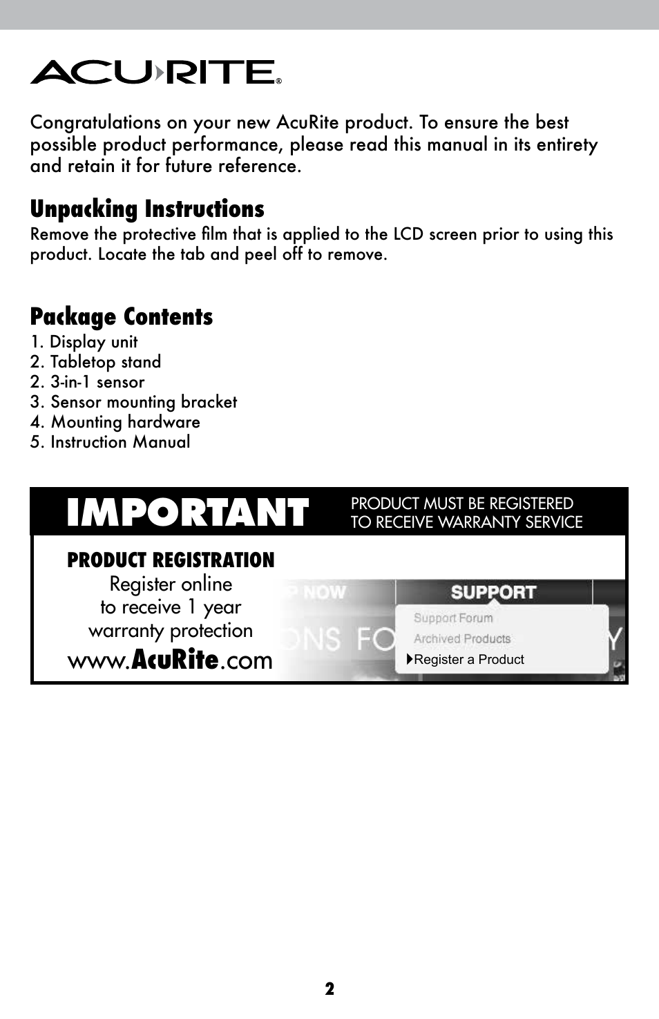 Important, Unpacking instructions, Package contents | AcuRite 00615 Weather Station User Manual | Page 2 / 18