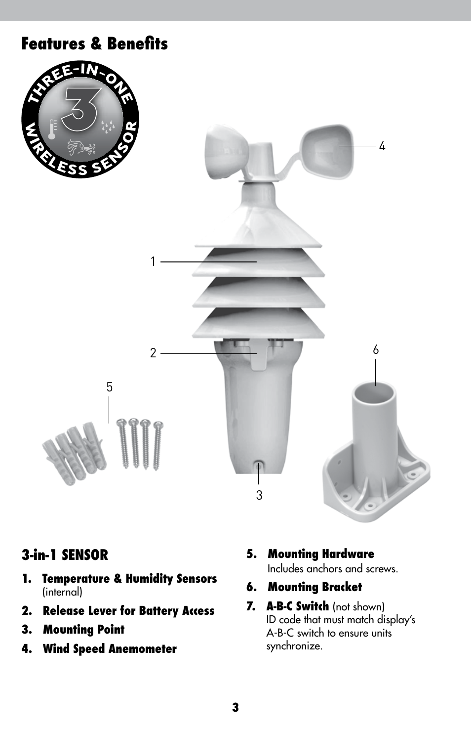 Features & benefits, In-1 sensor | AcuRite 00615 Weather Station User Manual | Page 3 / 18