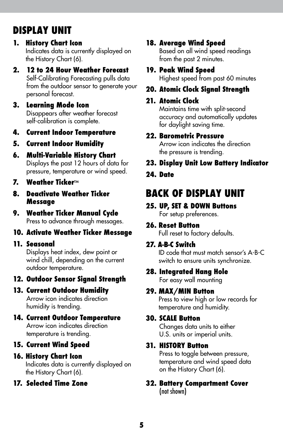 Display unit, Back of display unit | AcuRite 00615 Weather Station User Manual | Page 5 / 18