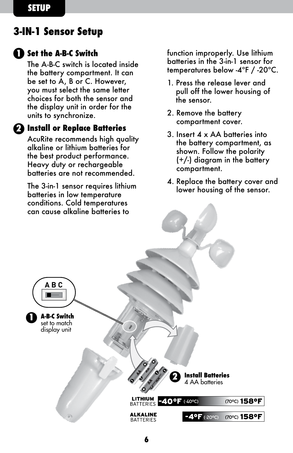 In-1 sensor setup, Setup | AcuRite 00615 Weather Station User Manual | Page 6 / 18