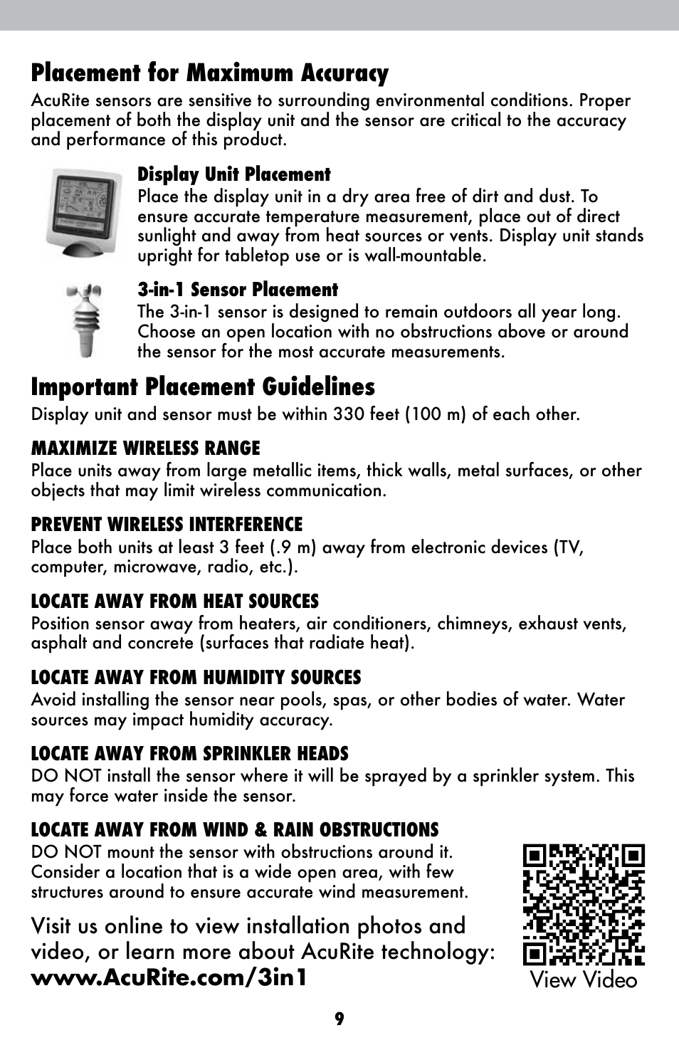 Placement for maximum accuracy, Important placement guidelines | AcuRite 00615 Weather Station User Manual | Page 9 / 18