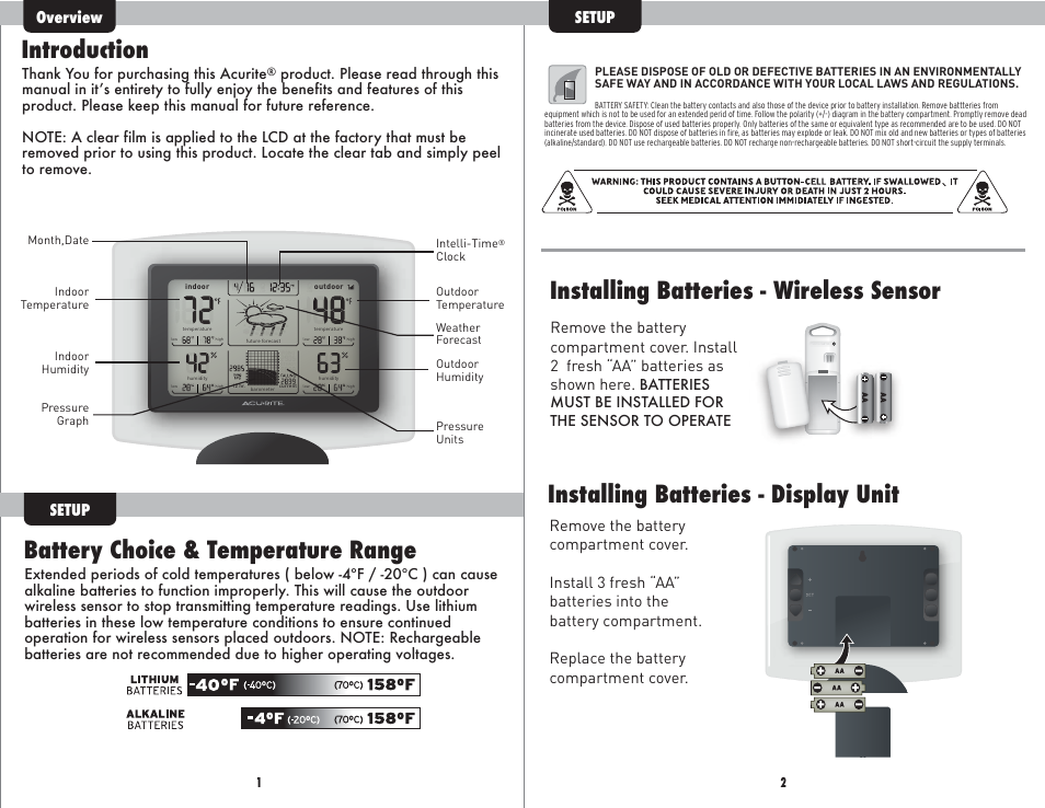 Inst10_01033w pg2, Introduction, Battery choice & temperature range | Overview setup setup | AcuRite 01033 Weather Station User Manual | Page 2 / 5