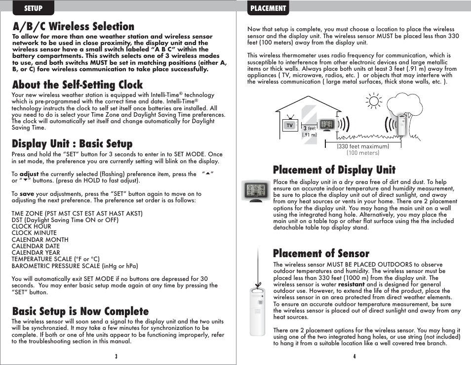 Inst10_01033w pg3, Display unit : basic setup, A/b/c wireless selection | Placement of display unit, About the self-setting clock, Basic setup is now complete, Placement of sensor | AcuRite 01033 Weather Station User Manual | Page 3 / 5