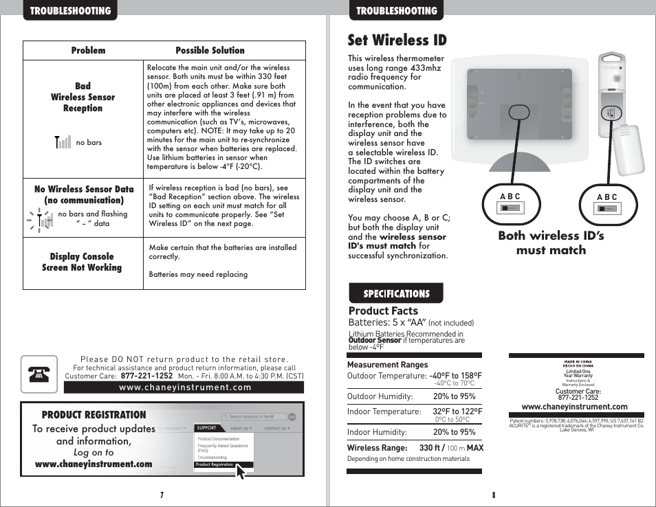 Inst10_01033w pg5, Set wireless id, Both wireless id’s must match | Product facts | AcuRite 01033 Weather Station User Manual | Page 5 / 5