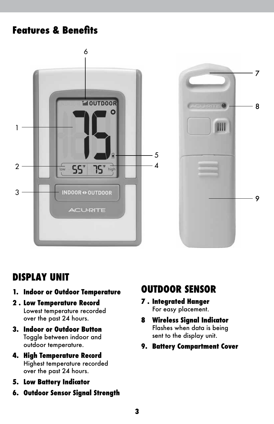 Features & benefits display unit, Outdoor sensor | AcuRite 00425 Themometer User Manual | Page 3 / 10