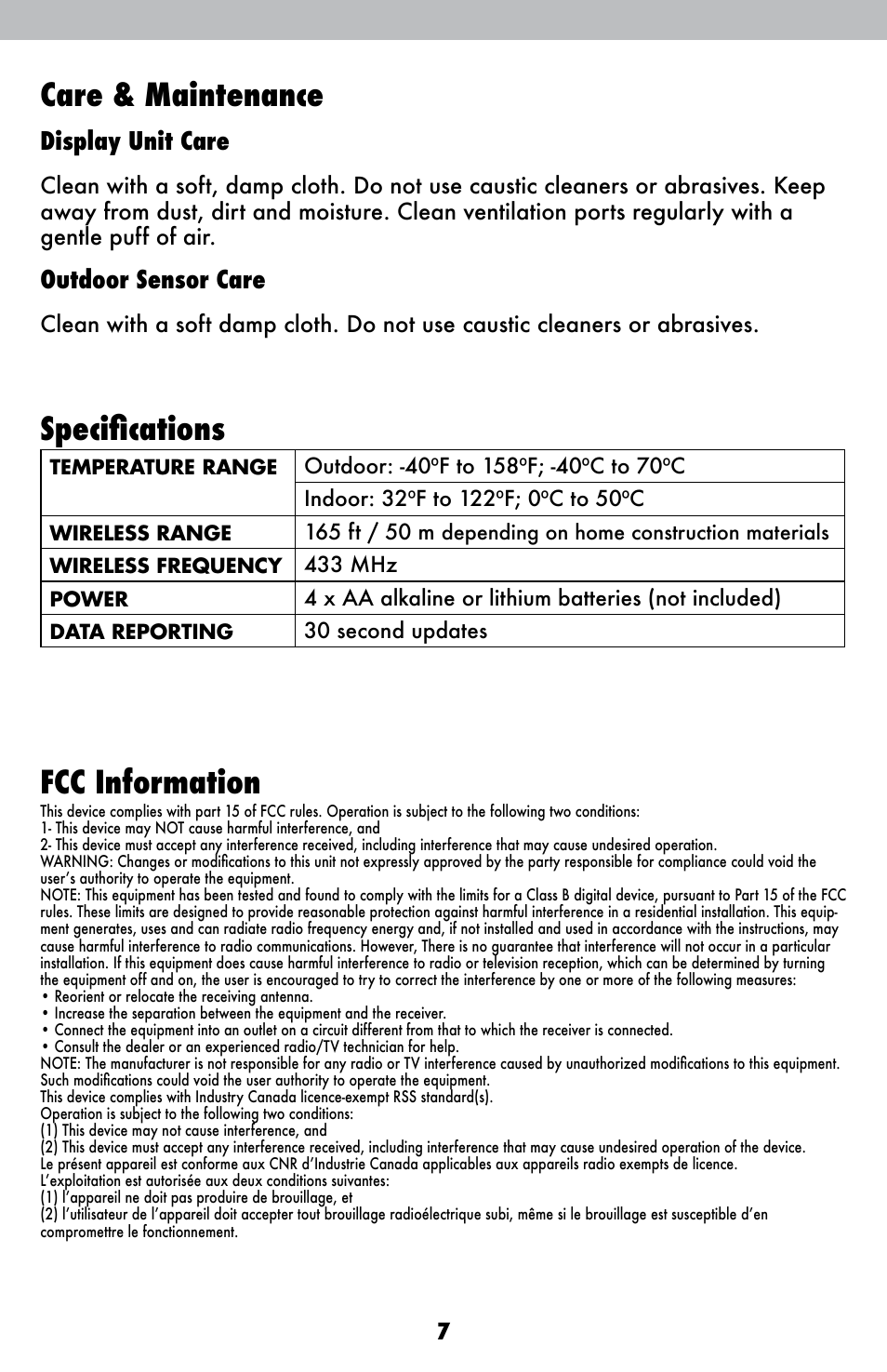 Care & maintenance, Specifications, Fcc information | Display unit care, Outdoor sensor care | AcuRite 00425 Themometer User Manual | Page 7 / 10