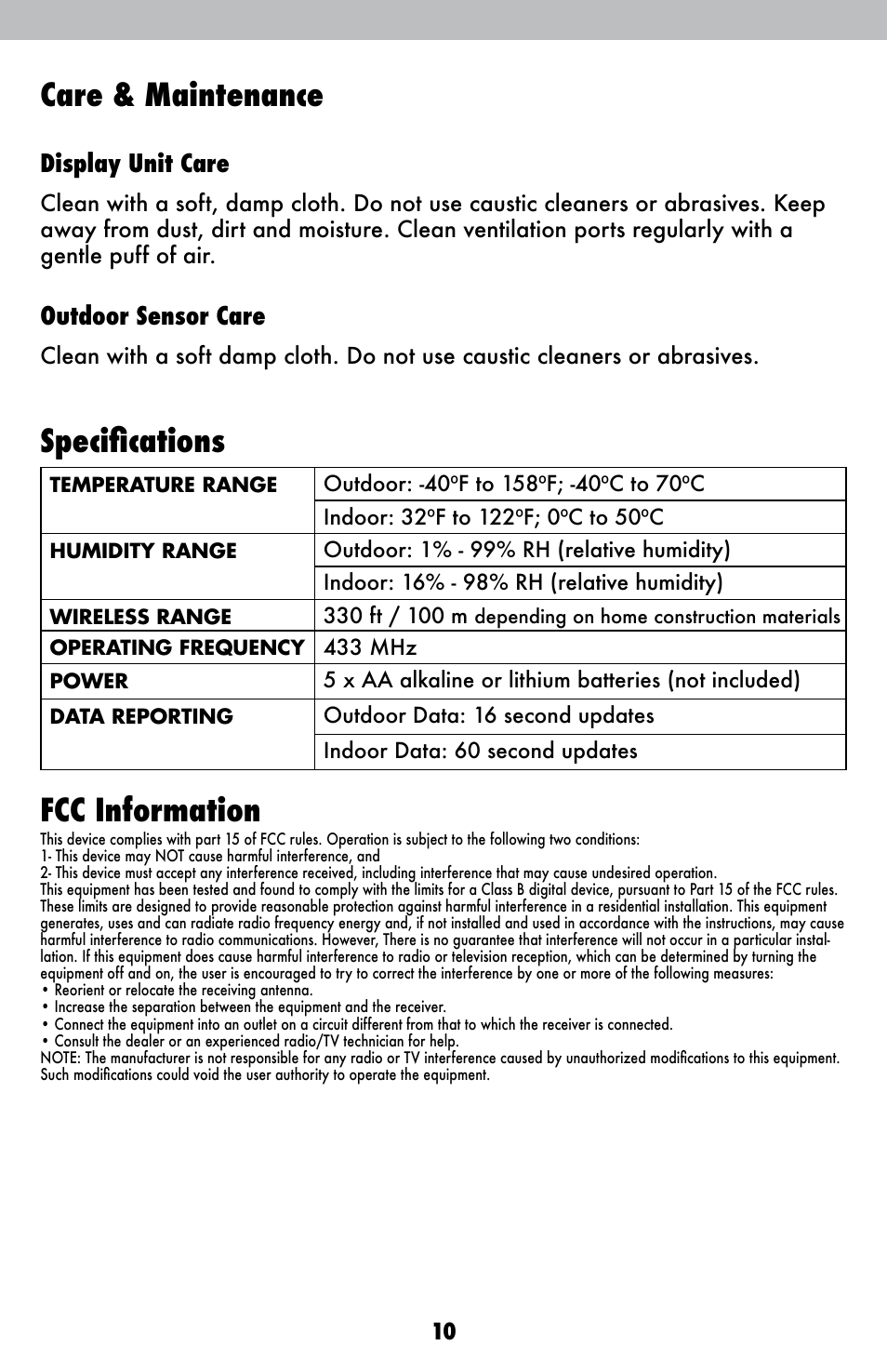 Care & maintenance, Specifications, Fcc information | Display unit care, Outdoor sensor care | AcuRite 02001A1 Weather Station User Manual | Page 10 / 12