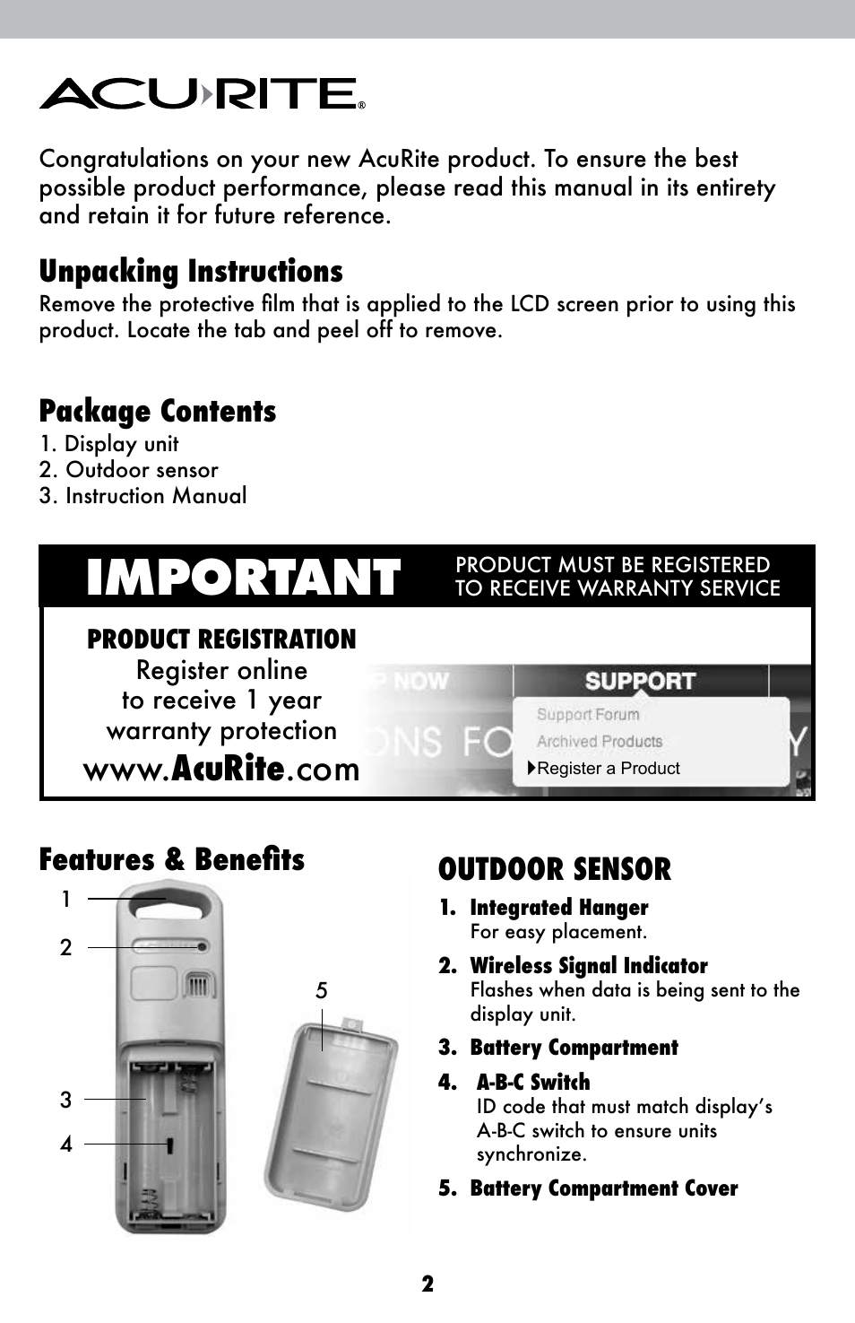 Important, Unpacking instructions, Package contents | Features & benefits, Outdoor sensor | AcuRite 02001A1 Weather Station User Manual | Page 2 / 12