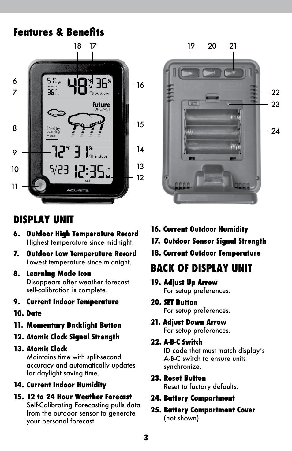 Features & benefits, Display unit, Back of display unit | AcuRite 02001A1 Weather Station User Manual | Page 3 / 12