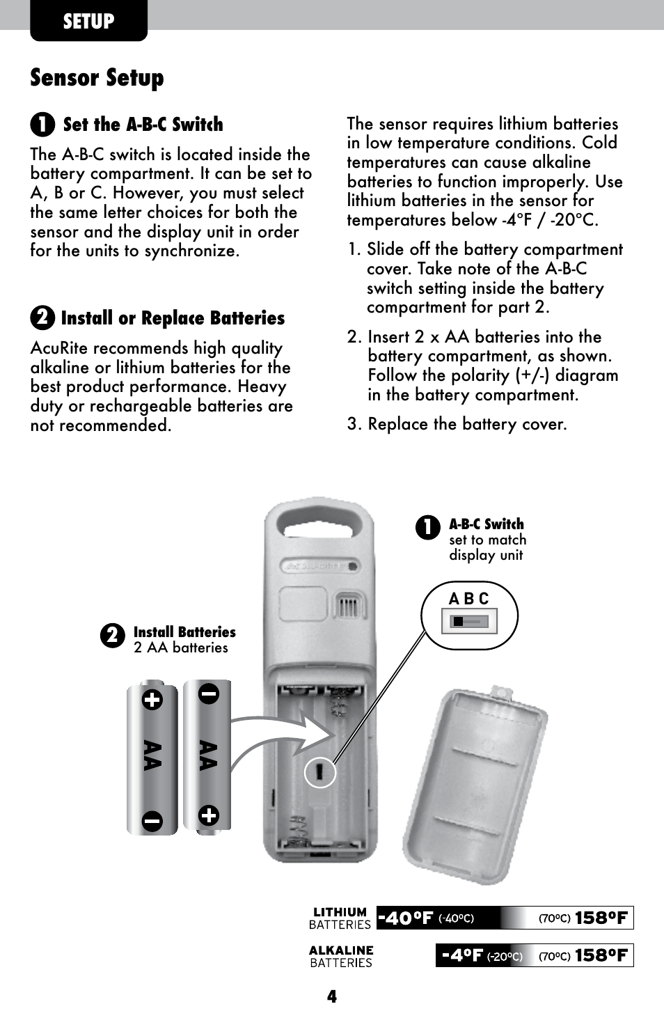 Sensor setup, Setup | AcuRite 02001A1 Weather Station User Manual | Page 4 / 12