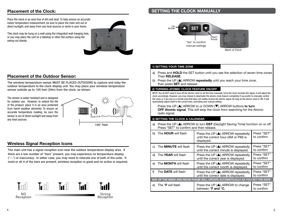 Setting the clock manually, Placement of the clock, Placement of the outdoor sensor | Wireless signal reception icons | AcuRite 75330 Clock User Manual | Page 4 / 4