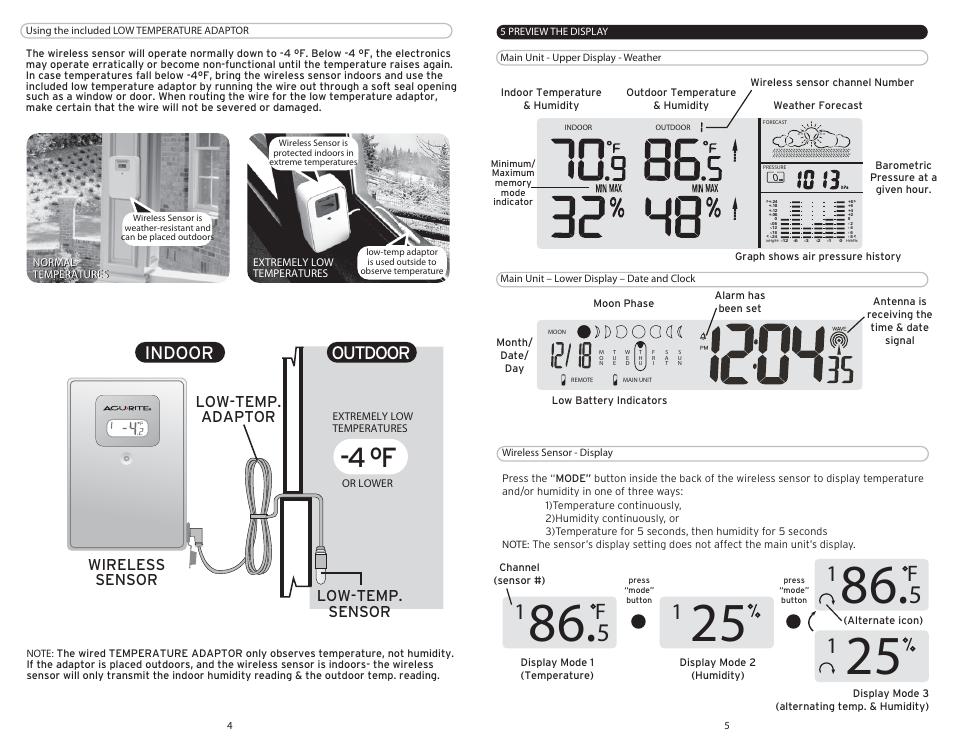 4 ºf, Indoor outdoor, Wireless sensor low-temp. adaptor low-temp. sensor | AcuRite 00973 Weather Station User Manual | Page 3 / 5