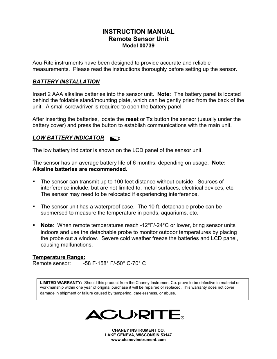 AcuRite 00739 Sensor User Manual | 1 page