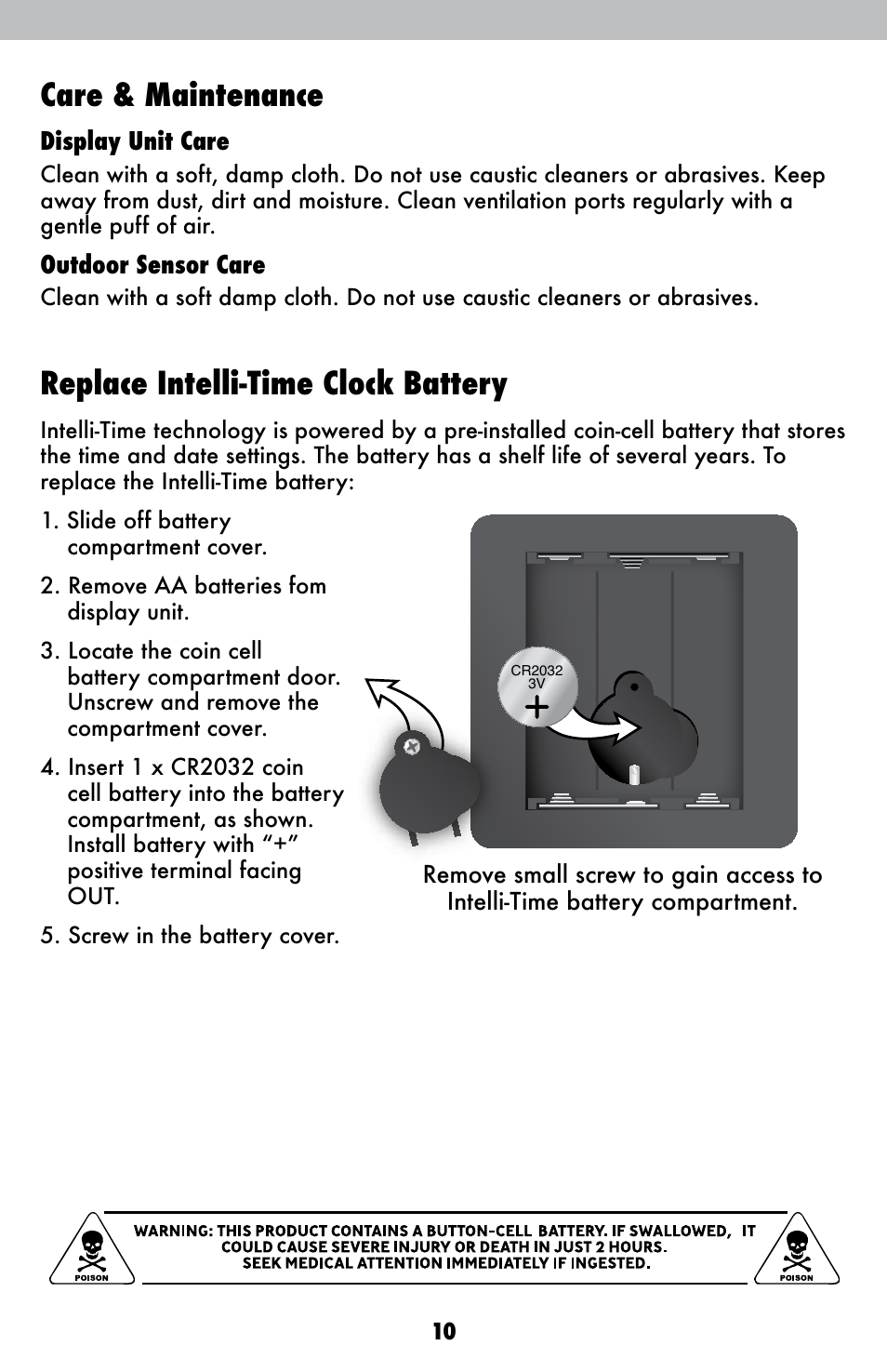 Care & maintenance, Replace intelli-time clock battery | AcuRite 00250 Weather Station User Manual | Page 10 / 13