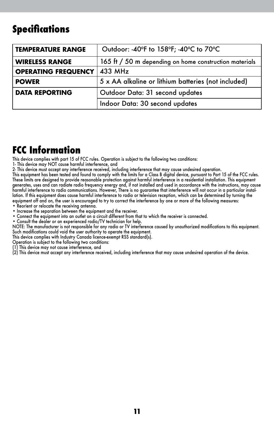 Fcc information, Specifications | AcuRite 00250 Weather Station User Manual | Page 11 / 13