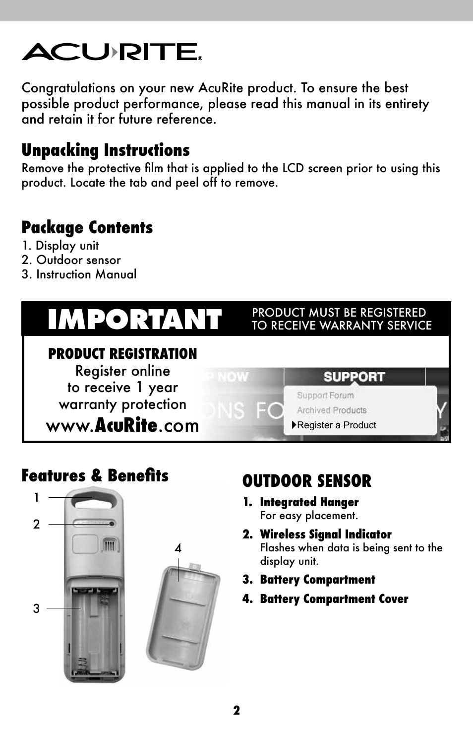 Important, Unpacking instructions, Package contents | Features & benefits, Outdoor sensor | AcuRite 00250 Weather Station User Manual | Page 2 / 13