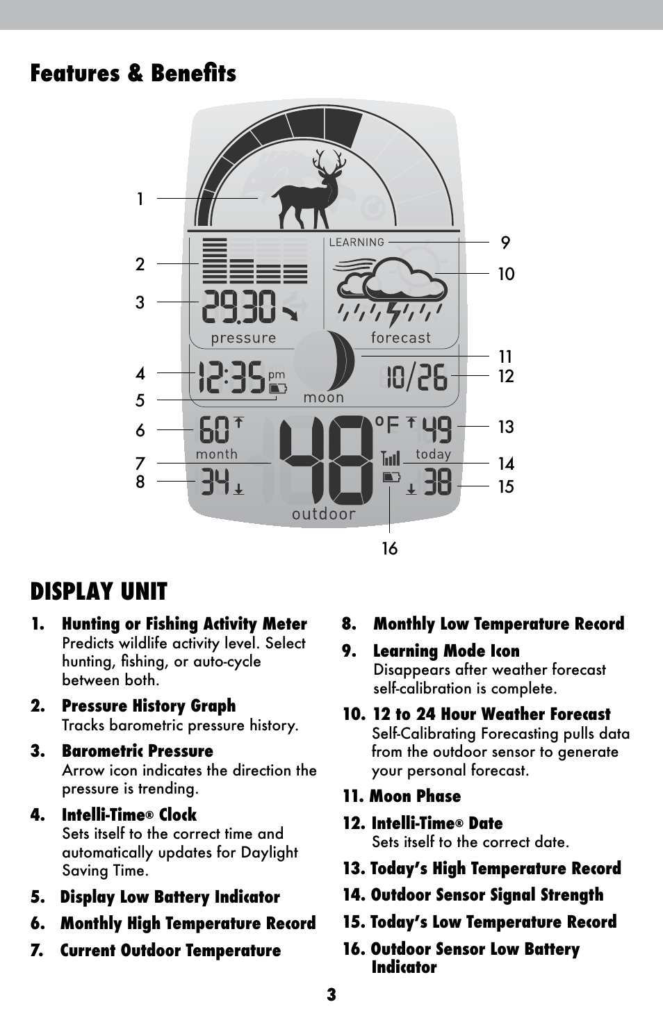 Features & benefits, Display unit | AcuRite 00250 Weather Station User Manual | Page 3 / 13