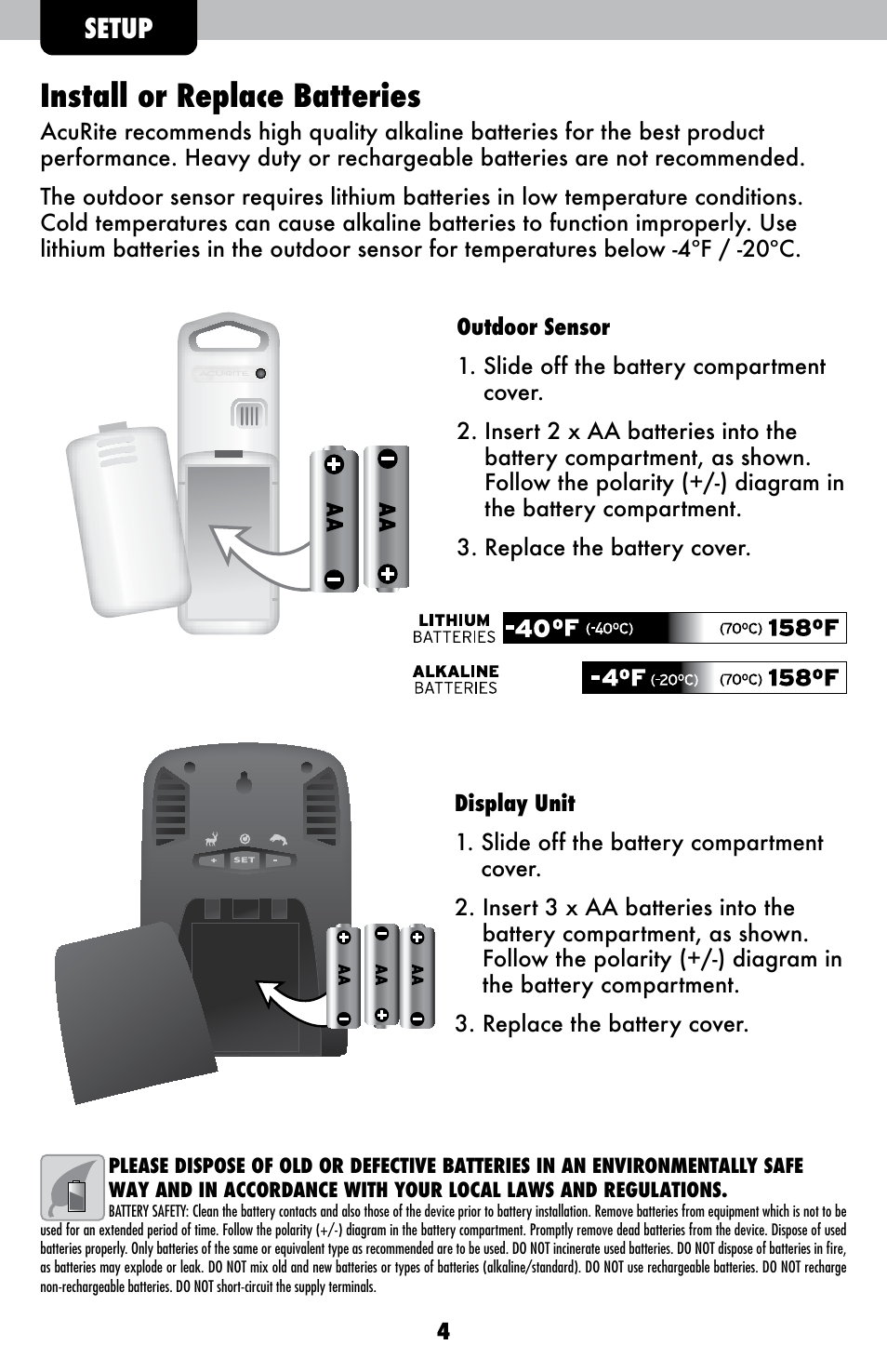 Install or replace batteries, Setup | AcuRite 00250 Weather Station User Manual | Page 4 / 13