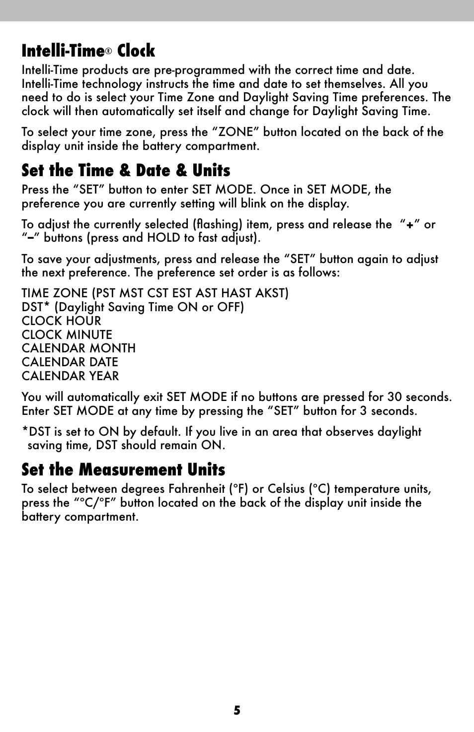 Intelli-time, Clock, Set the time & date & units | Set the measurement units | AcuRite 00250 Weather Station User Manual | Page 5 / 13