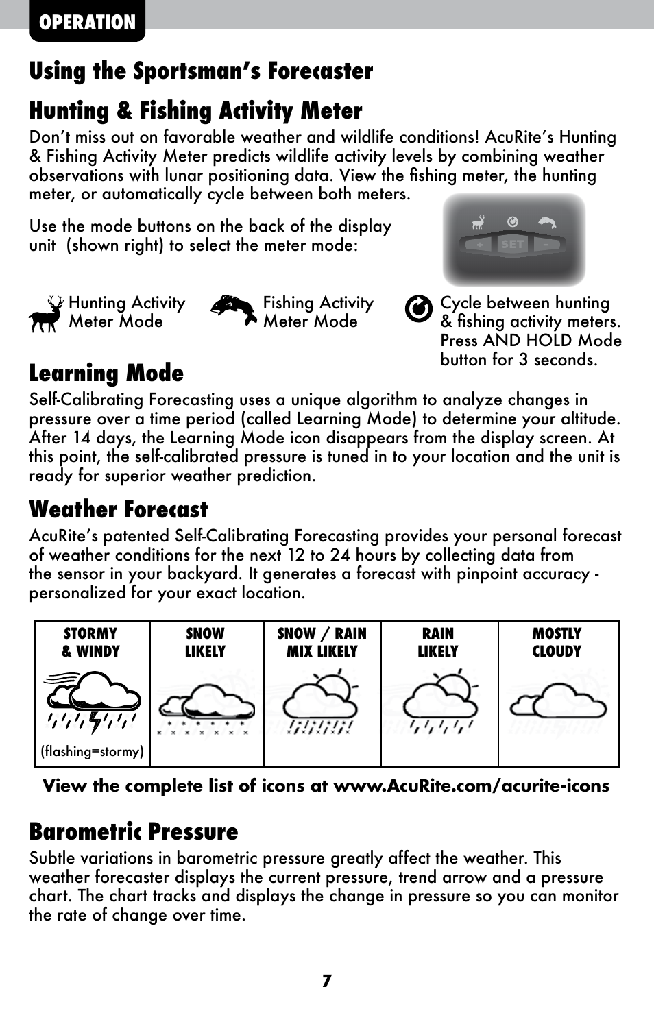 Learning mode, Weather forecast, Barometric pressure | Operation | AcuRite 00250 Weather Station User Manual | Page 7 / 13