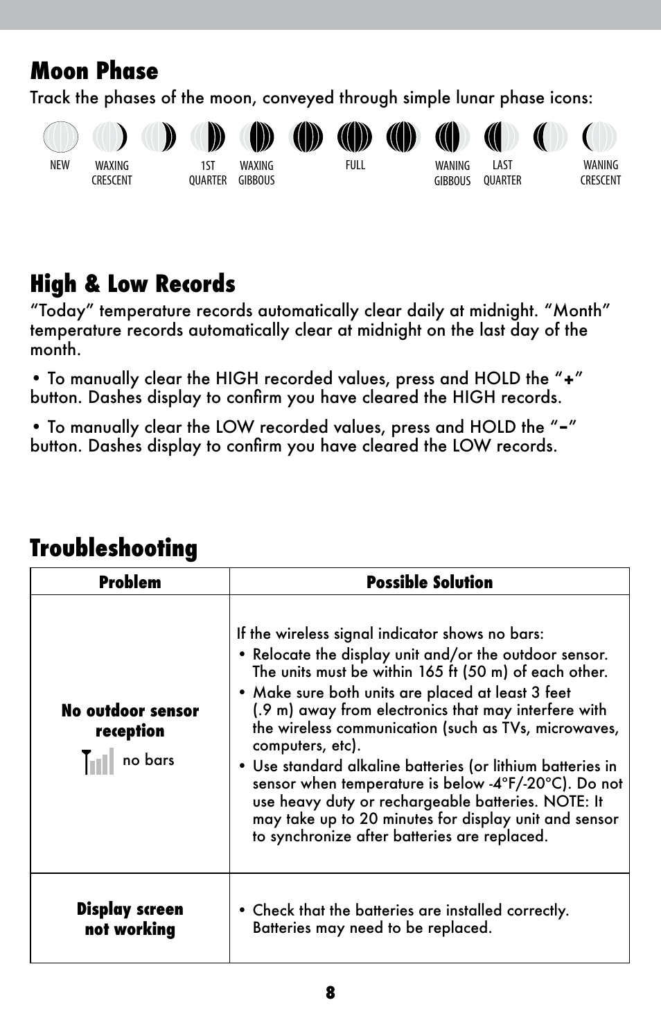 Moon phase, High & low records, Troubleshooting | AcuRite 00250 Weather Station User Manual | Page 8 / 13