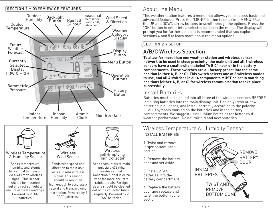 Install batteries, About the menu | AcuRite 75110 Weather Station User Manual | Page 2 / 9