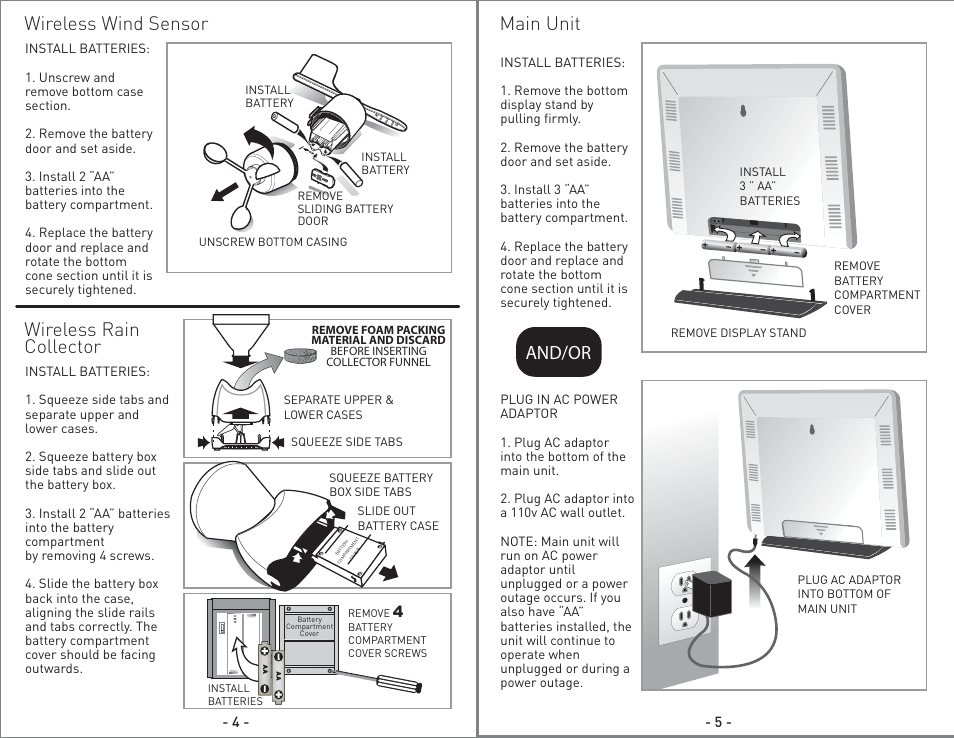 Wireless wind sensor, Main unit, Wireless rain collector | And/or | AcuRite 75110 Weather Station User Manual | Page 3 / 9