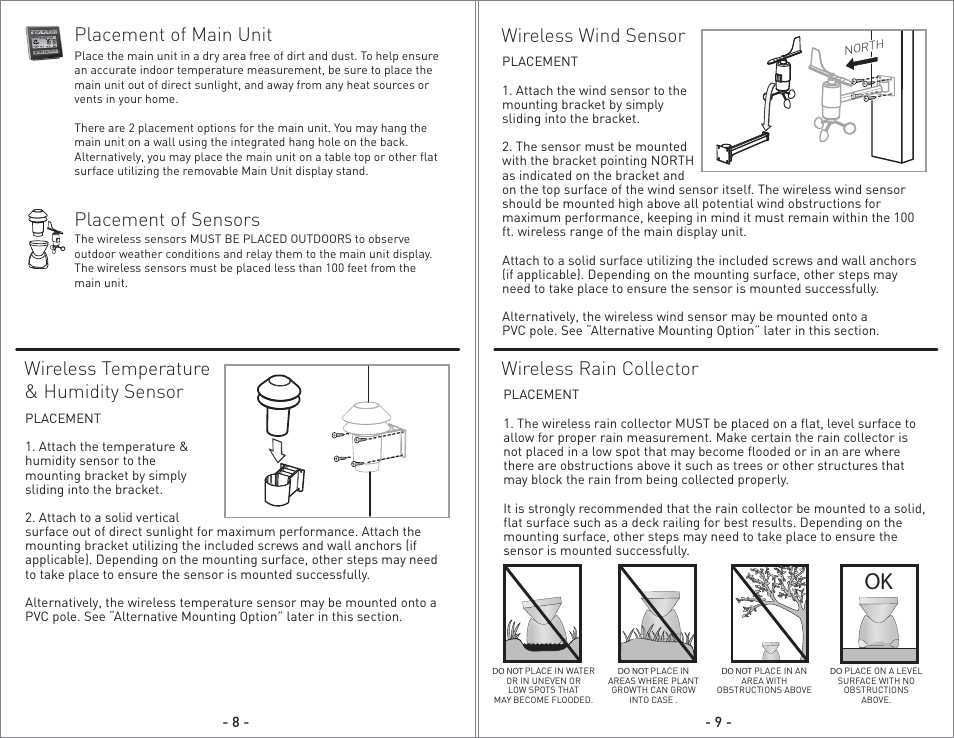 Placement of main unit, Placement of sensors, Wireless temperature & humidity sensor | Wireless wind sensor, Wireless rain collector | AcuRite 75110 Weather Station User Manual | Page 5 / 9