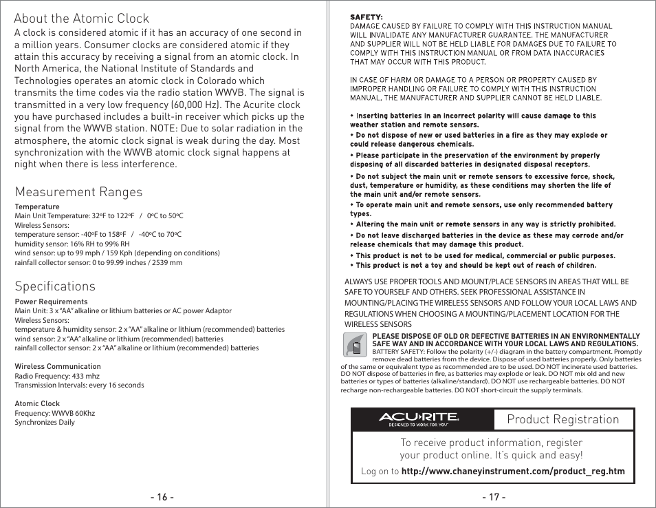 Measurement ranges, Specifications, About the atomic clock | Product registration | AcuRite 75110 Weather Station User Manual | Page 9 / 9
