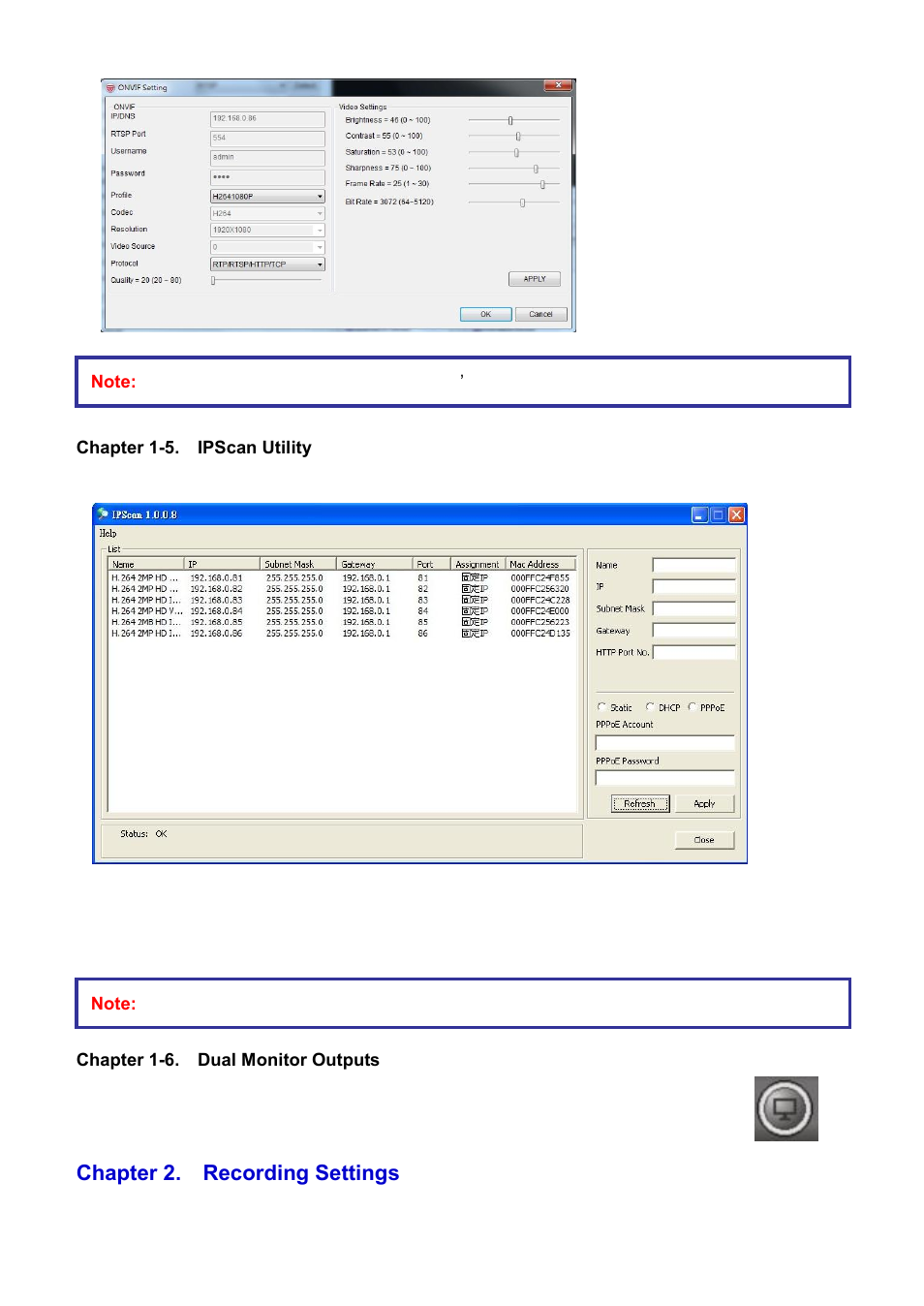 Chapter 1-5. ipscan utility, Chapter 1-6. dual monitor outputs, Chapter 2. recording settings | Acumen AiM 108CH User Manual | Page 12 / 58