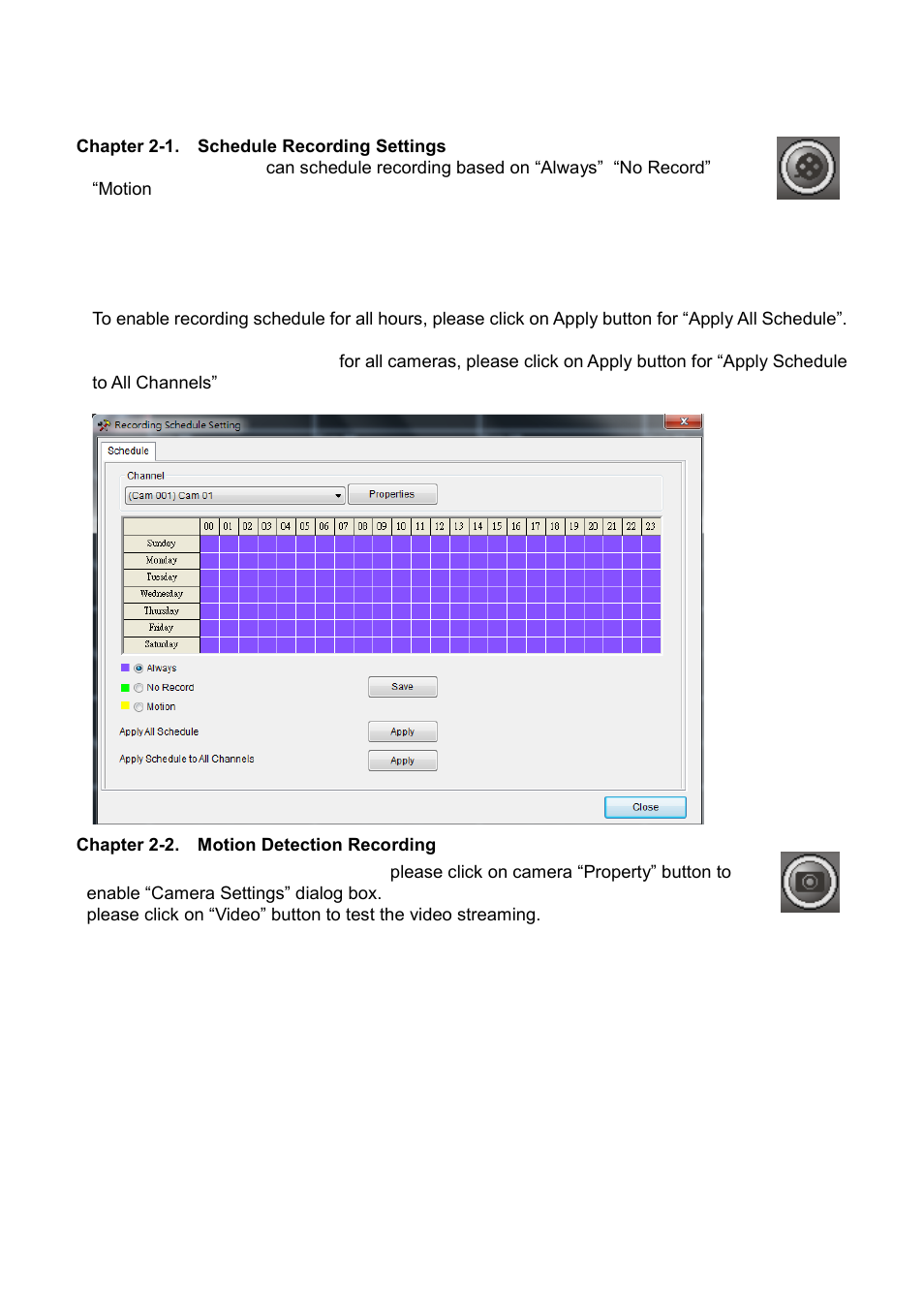 Chapter 2-1. schedule recording settings, Chapter 2-2. motion detection recording | Acumen AiM 108CH User Manual | Page 13 / 58
