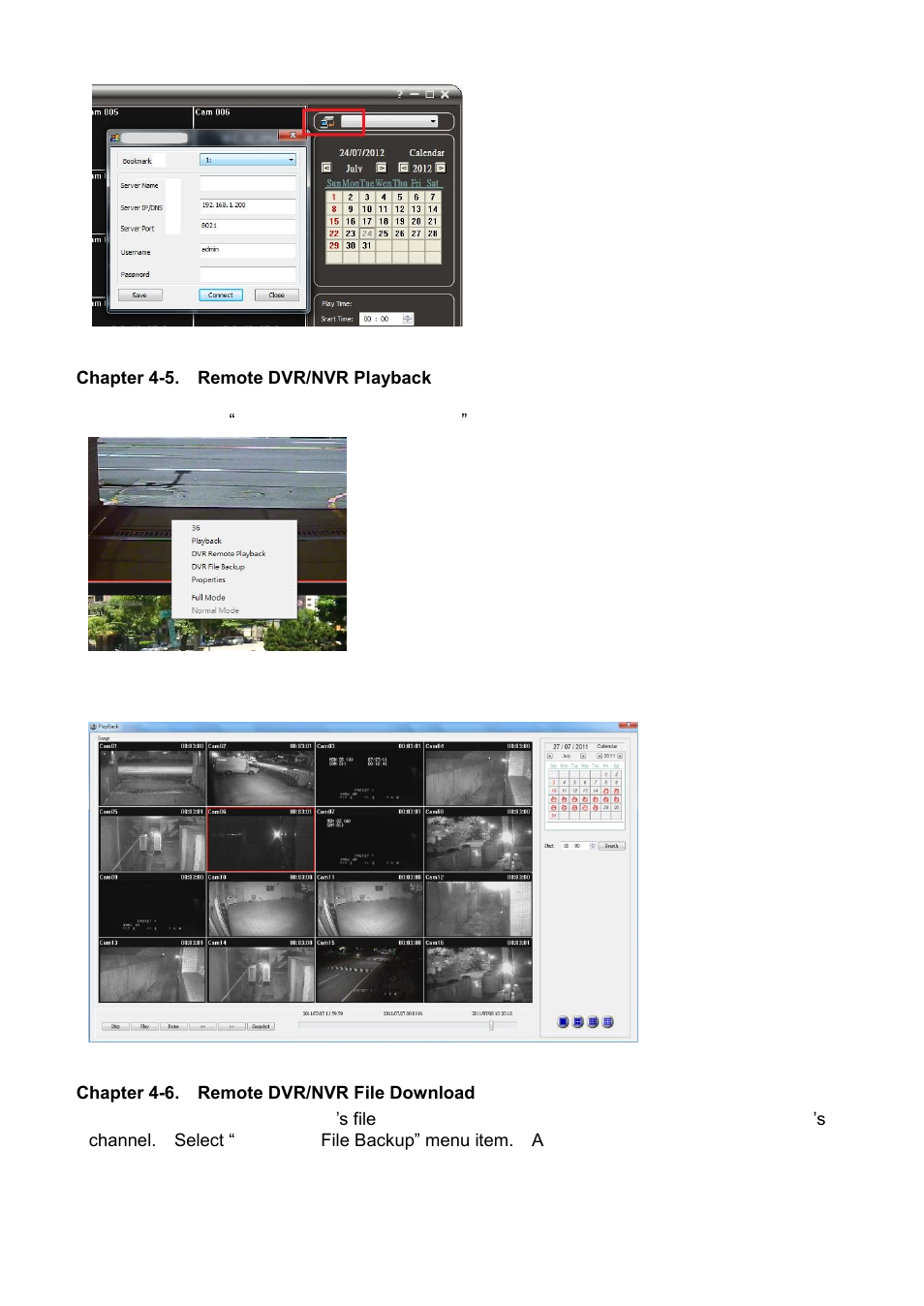 Chapter 4-5. remote dvr/nvr playback, Chapter 4-6. remote dvr/nvr file download | Acumen AiM 108CH User Manual | Page 25 / 58
