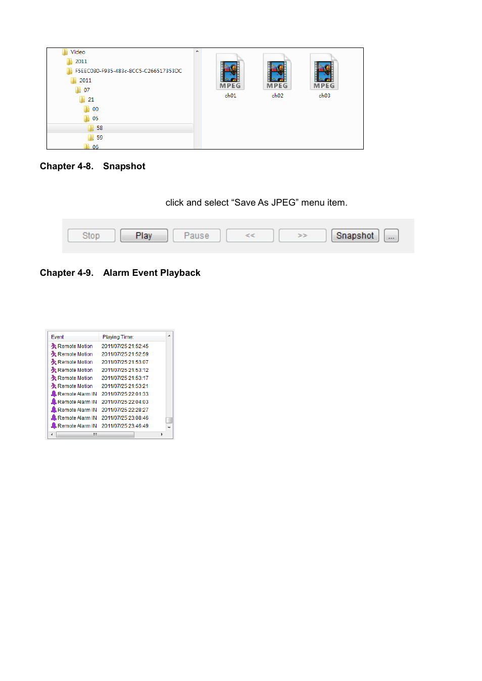 Chapter 4-8. snapshot, Chapter 4-9. alarm event playback | Acumen AiM 108CH User Manual | Page 27 / 58