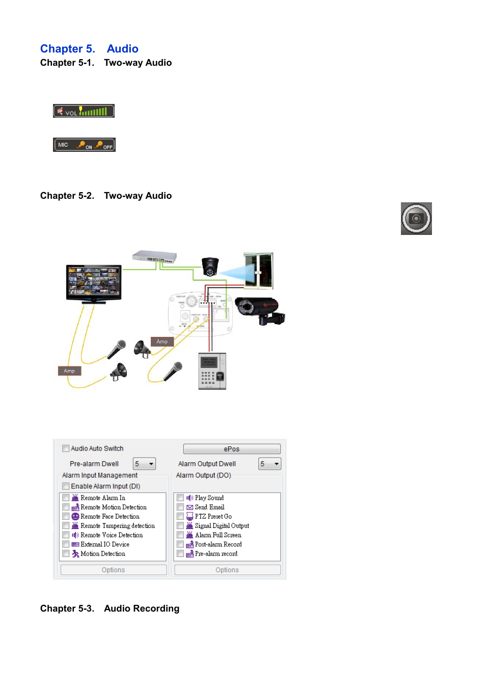 Chapter 5. audio, Chapter 5-1. two-way audio, Chapter 5-2. two-way audio | Chapter 5-3. audio recording | Acumen AiM 108CH User Manual | Page 28 / 58