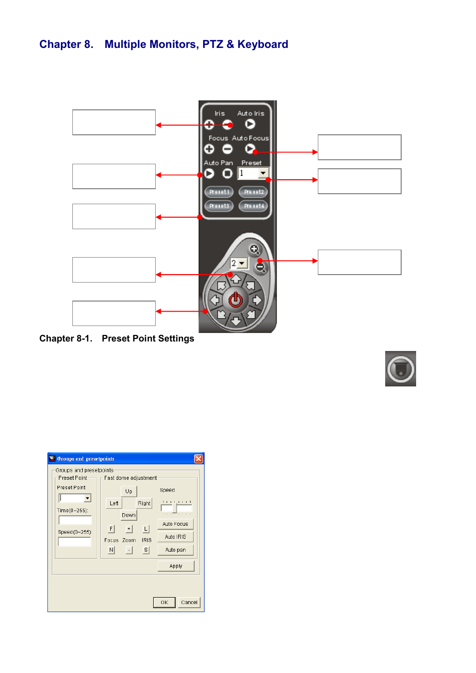 Chapter 8. multiple monitors, ptz & keyboard, Chapter 8-1. preset point settings | Acumen AiM 108CH User Manual | Page 33 / 58