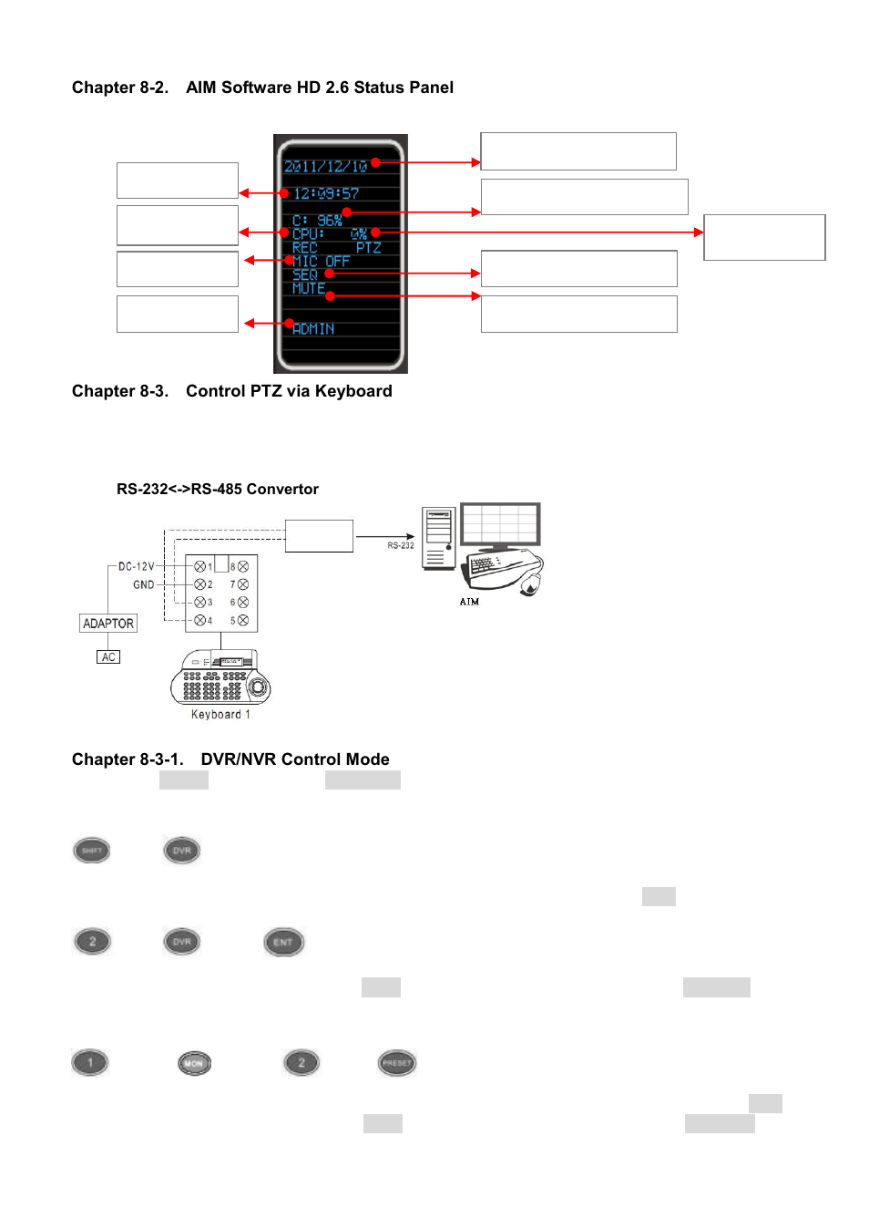 Chapter 8-2. aim software hd 2.6 status panel, Chapter 8-3. control ptz via keyboard, Chapter 8-3-1. dvr/nvr control mode | Acumen AiM 108CH User Manual | Page 34 / 58