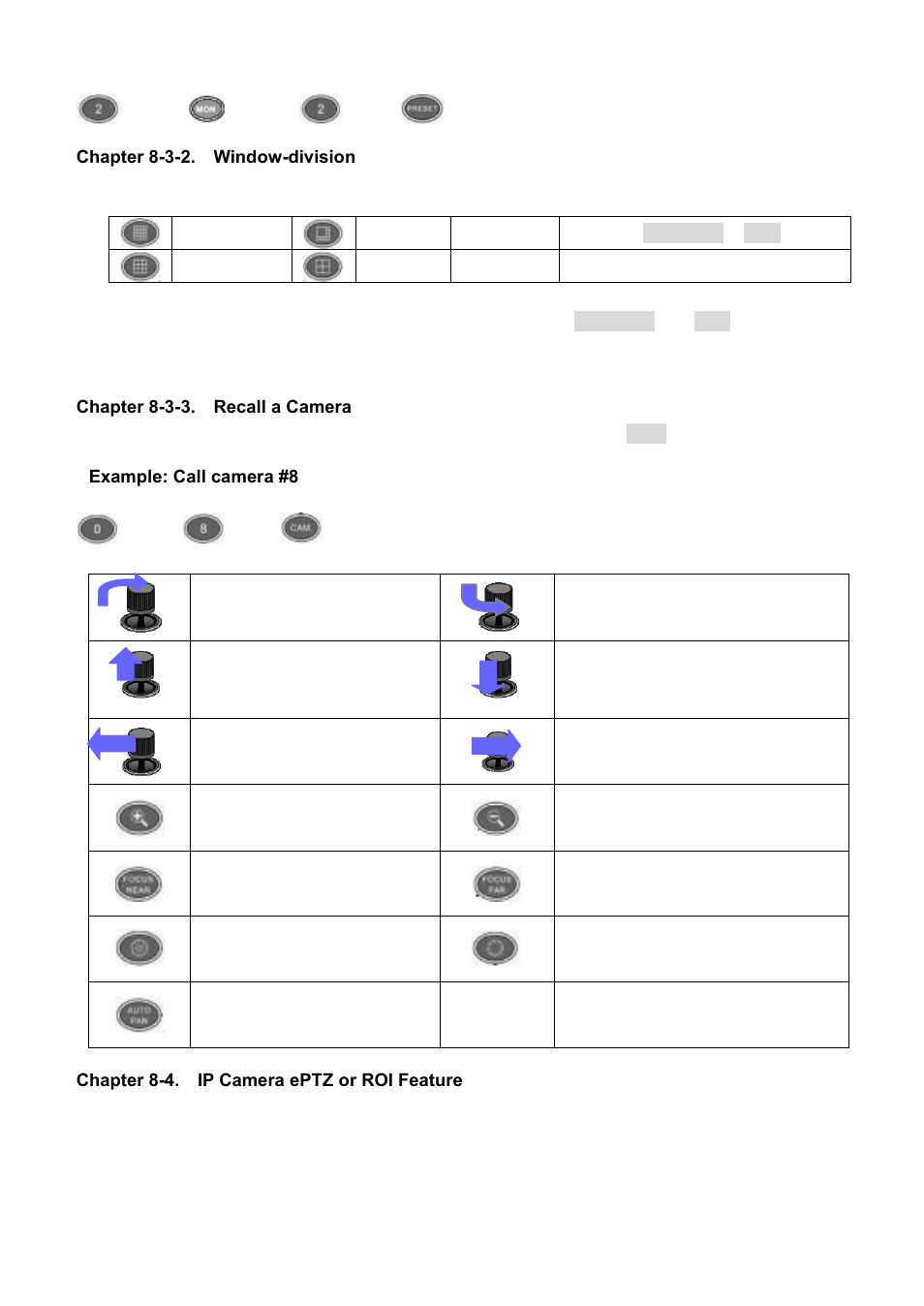 Chapter 8-3-2. window-division, Chapter 8-3-3. recall a camera, Chapter 8-4. ip camera eptz or roi feature | Acumen AiM 108CH User Manual | Page 35 / 58