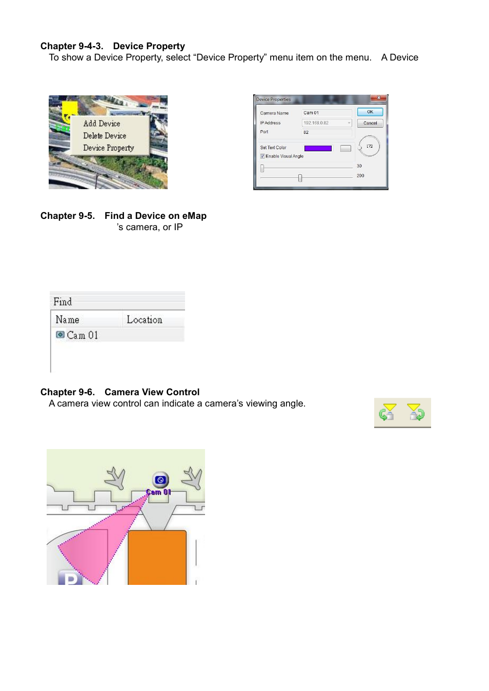 Chapter 9-4-3. device property, Chapter 9-5. find a device on emap, Chapter 9-6. camera view control | Acumen AiM 108CH User Manual | Page 43 / 58