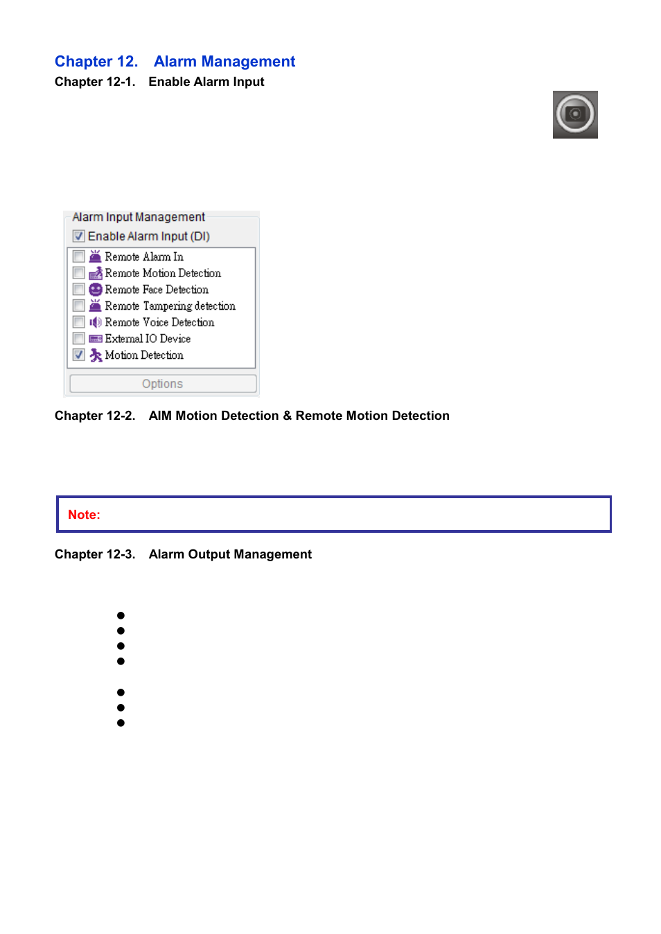 Chapter 12. alarm management, Chapter 12-1. enable alarm input, Chapter 12-3. alarm output management | Acumen AiM 108CH User Manual | Page 46 / 58