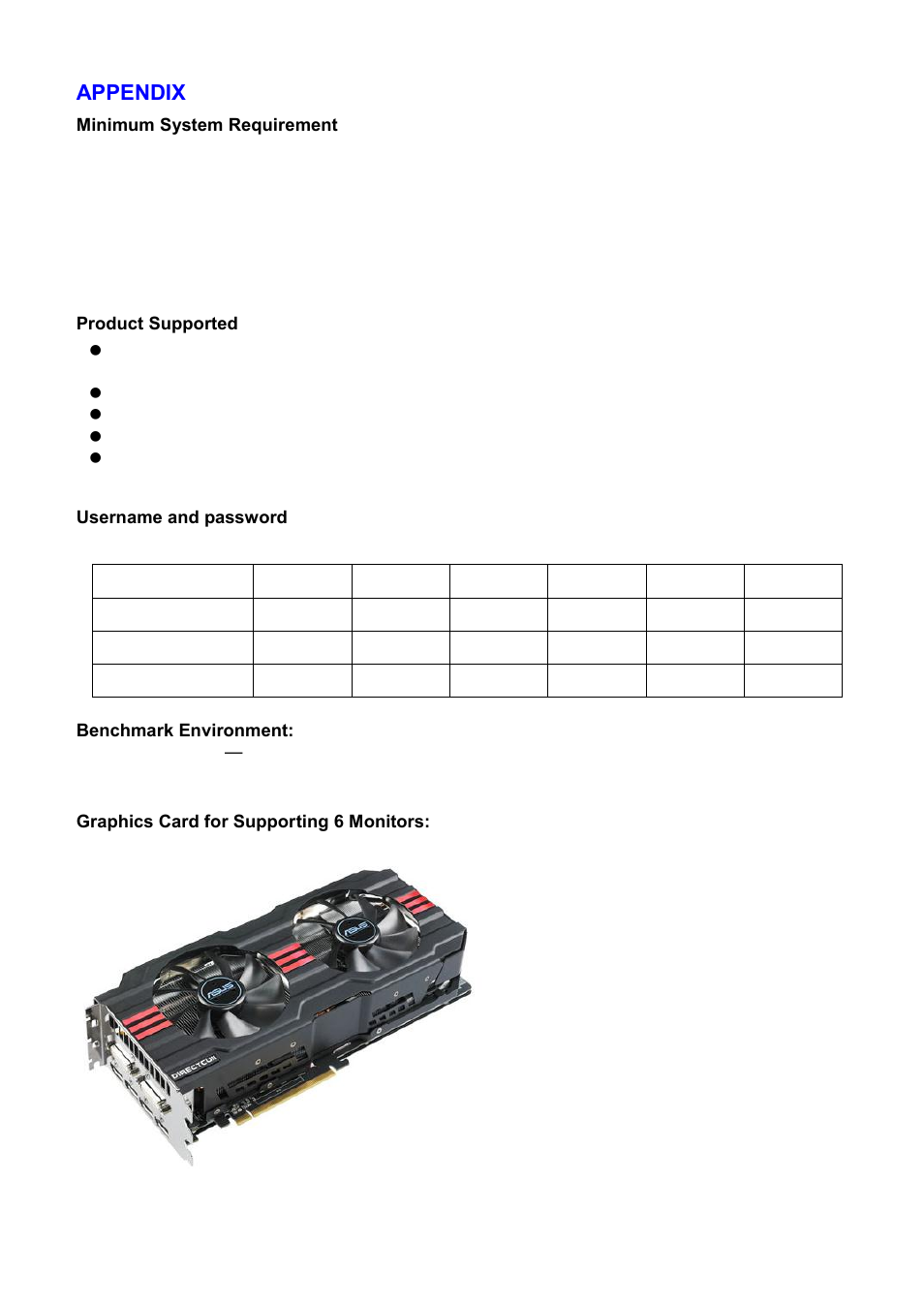 Appendix, Minimum system requirement, Username and password | Benchmark environment, Graphics card for supporting 6 monitors | Acumen AiM 108CH User Manual | Page 54 / 58