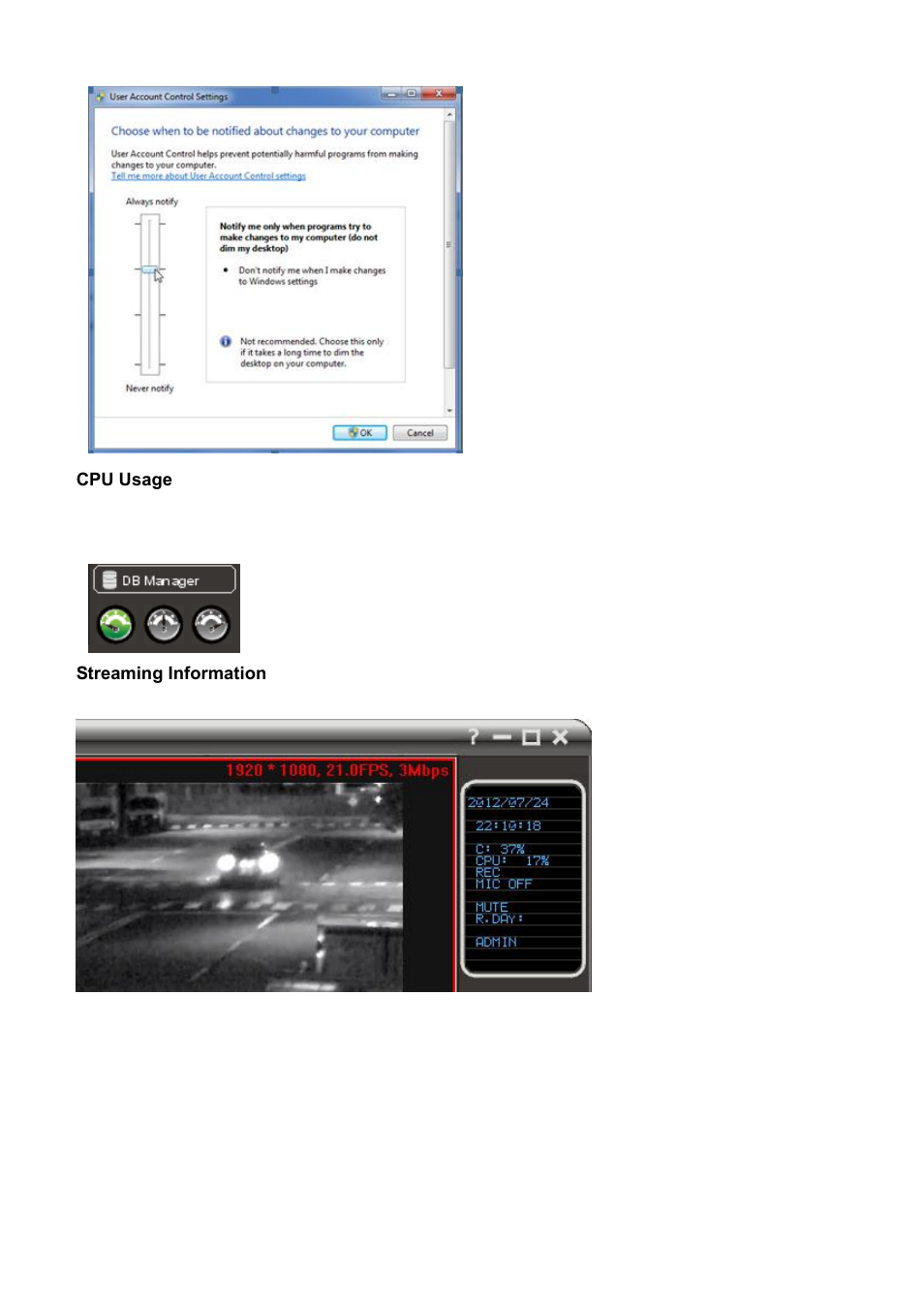 Cpu usage, Streaming information | Acumen AiM 108CH User Manual | Page 7 / 58